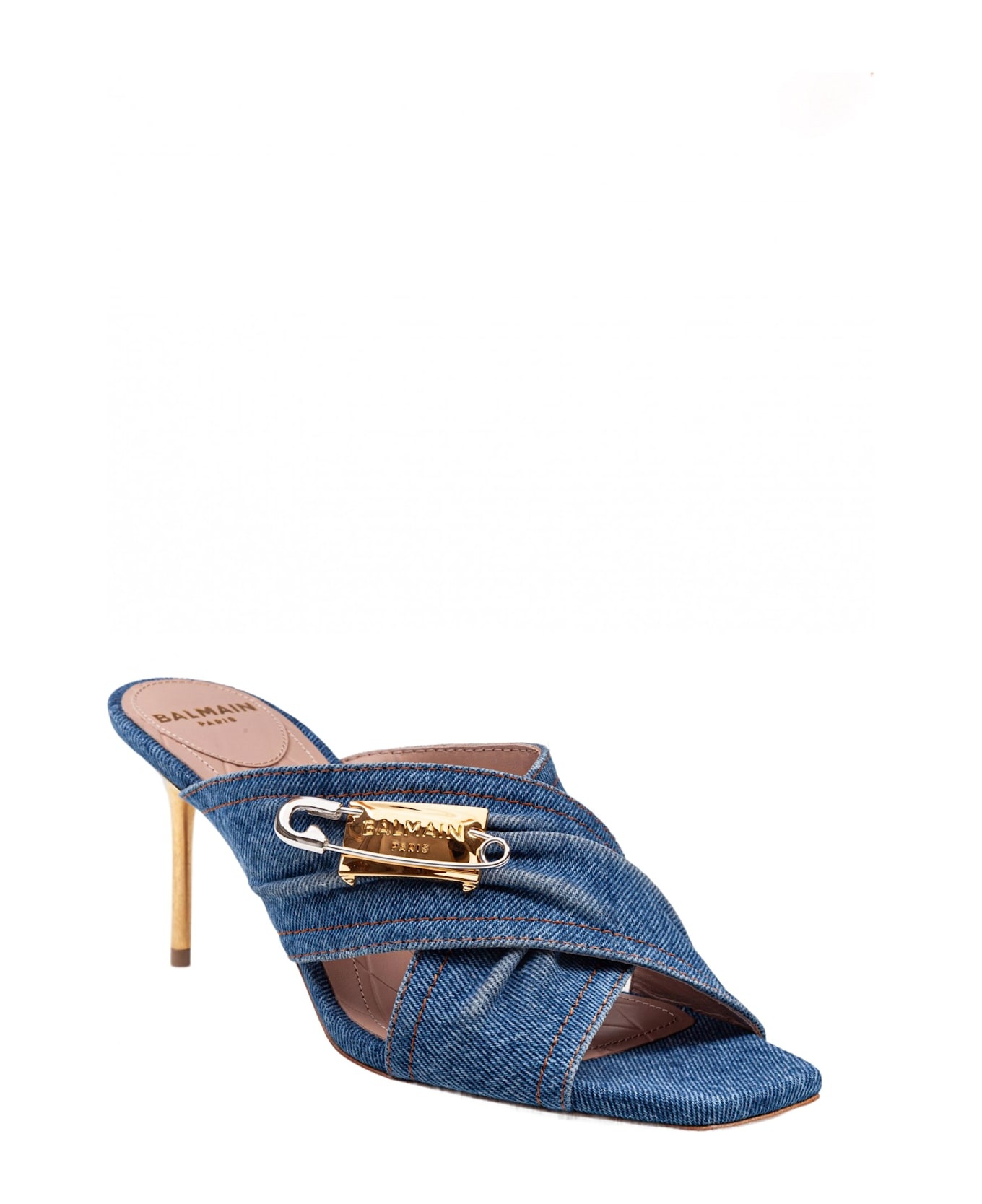 Balmain Safety Mule In Denim Fabric With Applied Pin - 2
