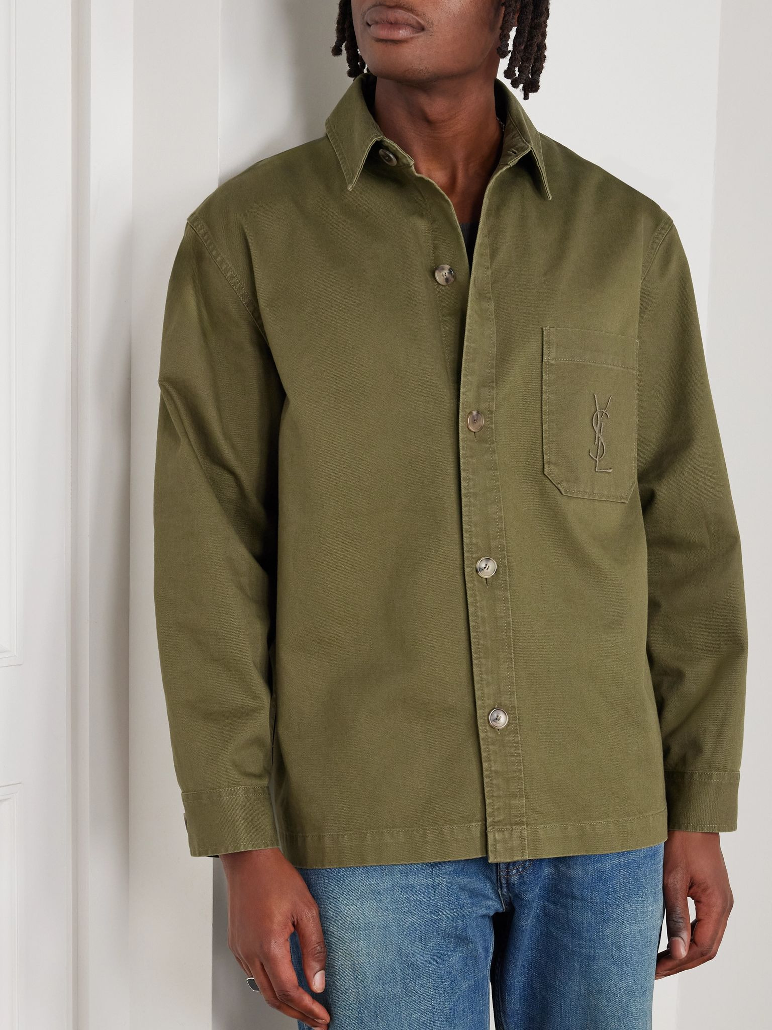 Logo-Embroidered Cotton and Linen-Blend Gabardine Overshirt Green - 3