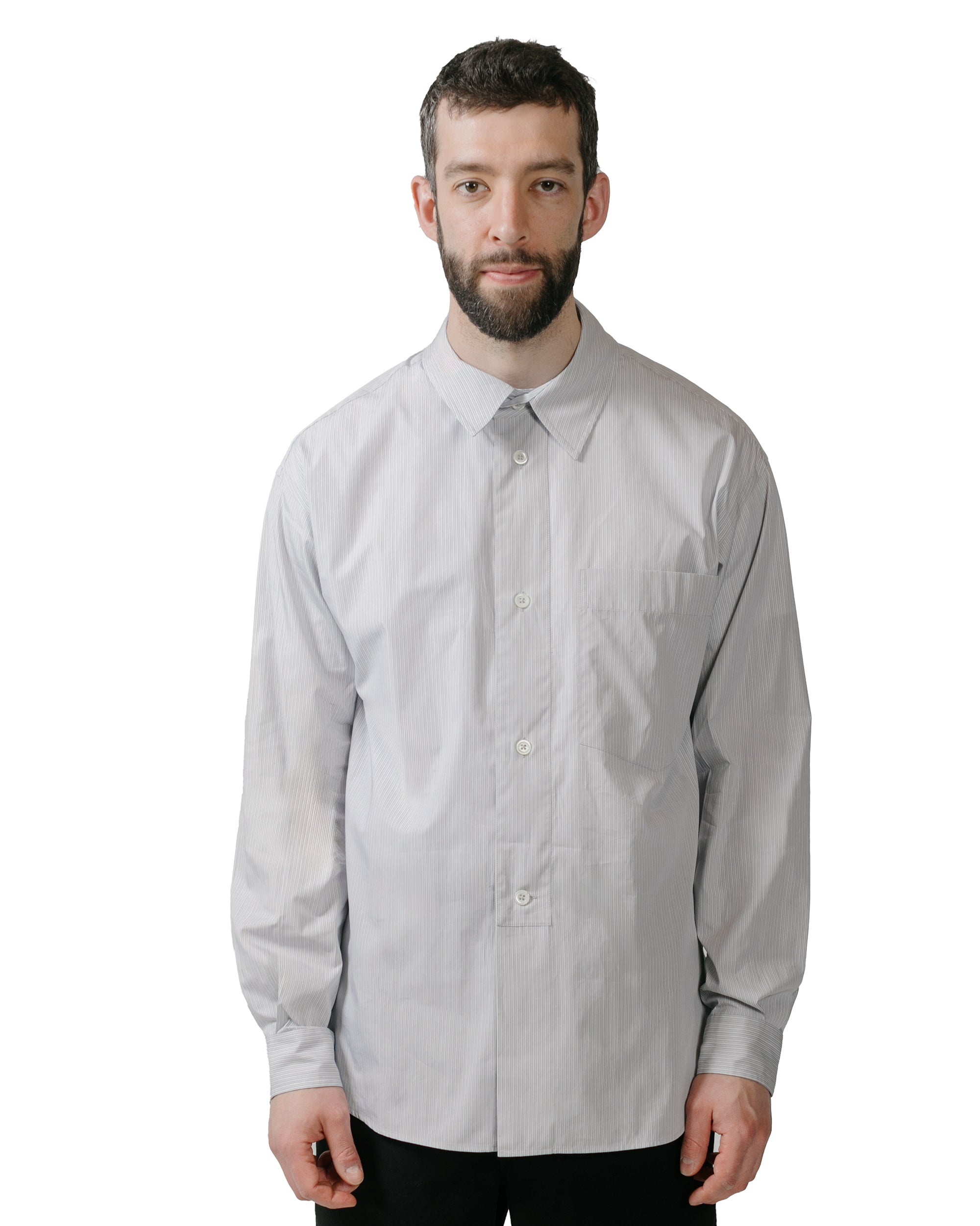 Half Placket Shirt Fine Stripe Cotton Poplin Grey/White - 2