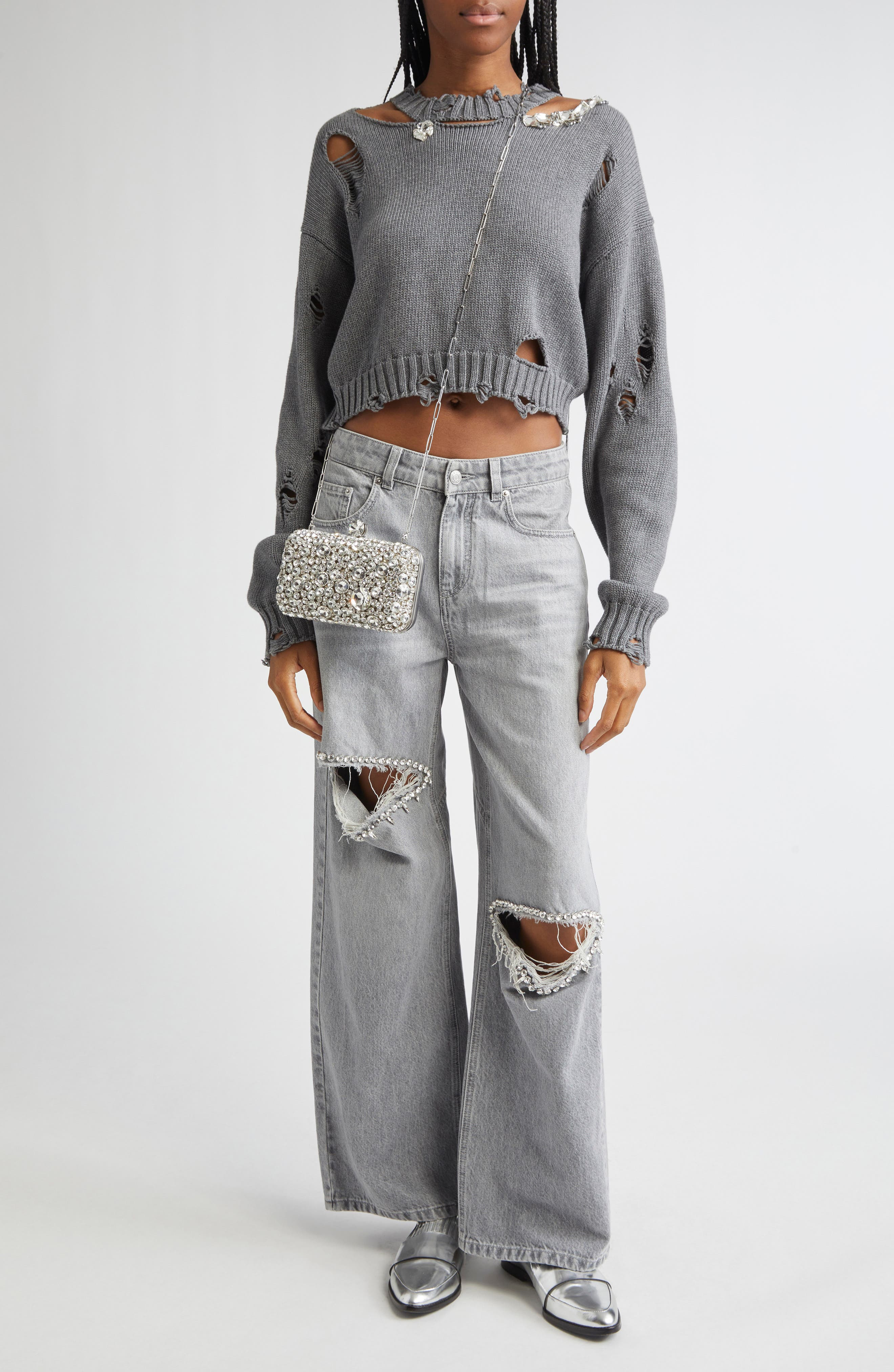 Area Distressed Crystal Organic Cotton & Cashmere Crewneck Sweater in Heathered Grey at Nordstrom - 1