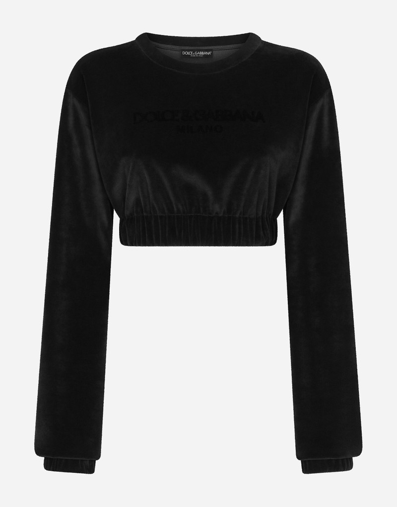 Cropped chenille sweatshirt with carpet-stitch embroidery 1