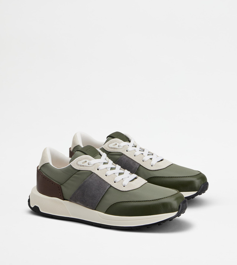 Tod's SNEAKERS IN LEATHER AND TECHNICAL FABRIC - GREEN, GREY, OFF WHITE outlook