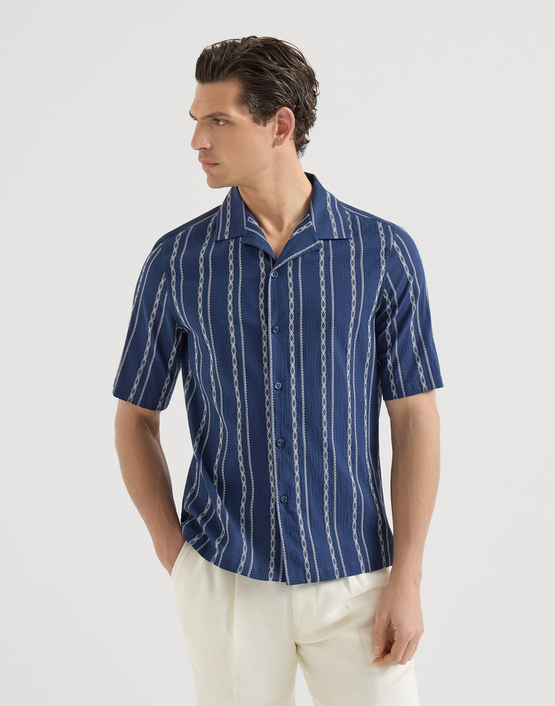 Ethnic stripe seersucker easy fit short sleeve shirt with camp collar 4
