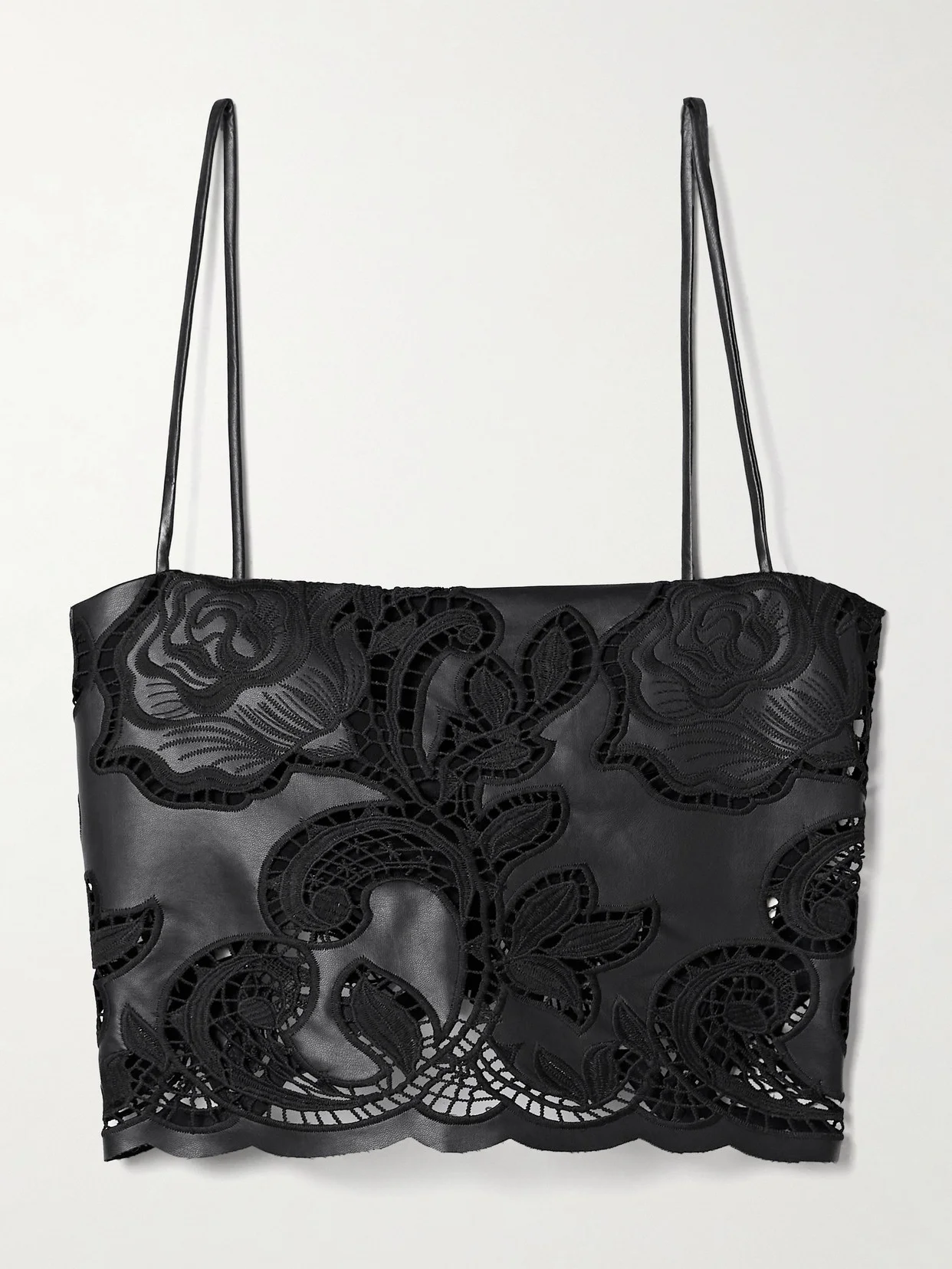 Seduccion Lunar Cropped Guipure Lace-trimmed Embroidered Faux Leather Top - 1