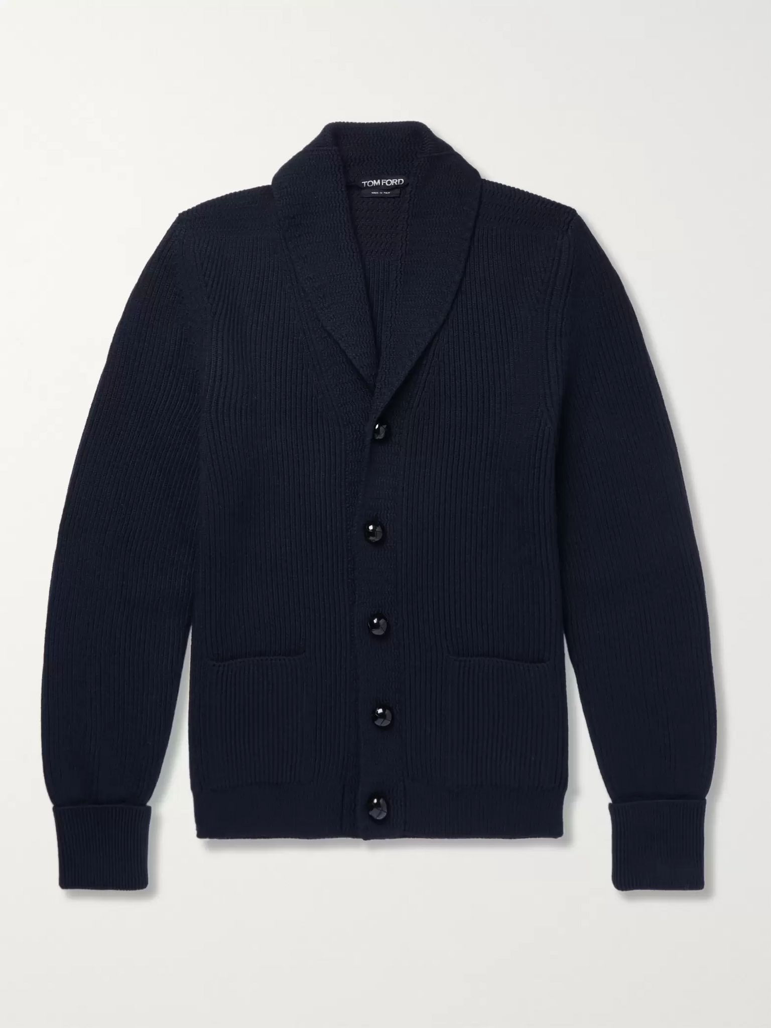 Shawl-Collar Ribbed Wool Cardigan Navy - 1
