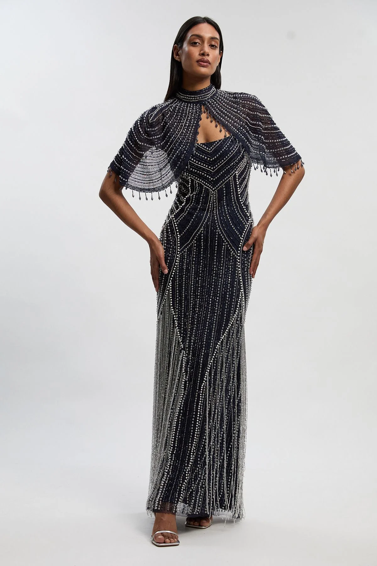 Petite Crystal Embellished Woven Maxi Dress With Removeable Cape - 1