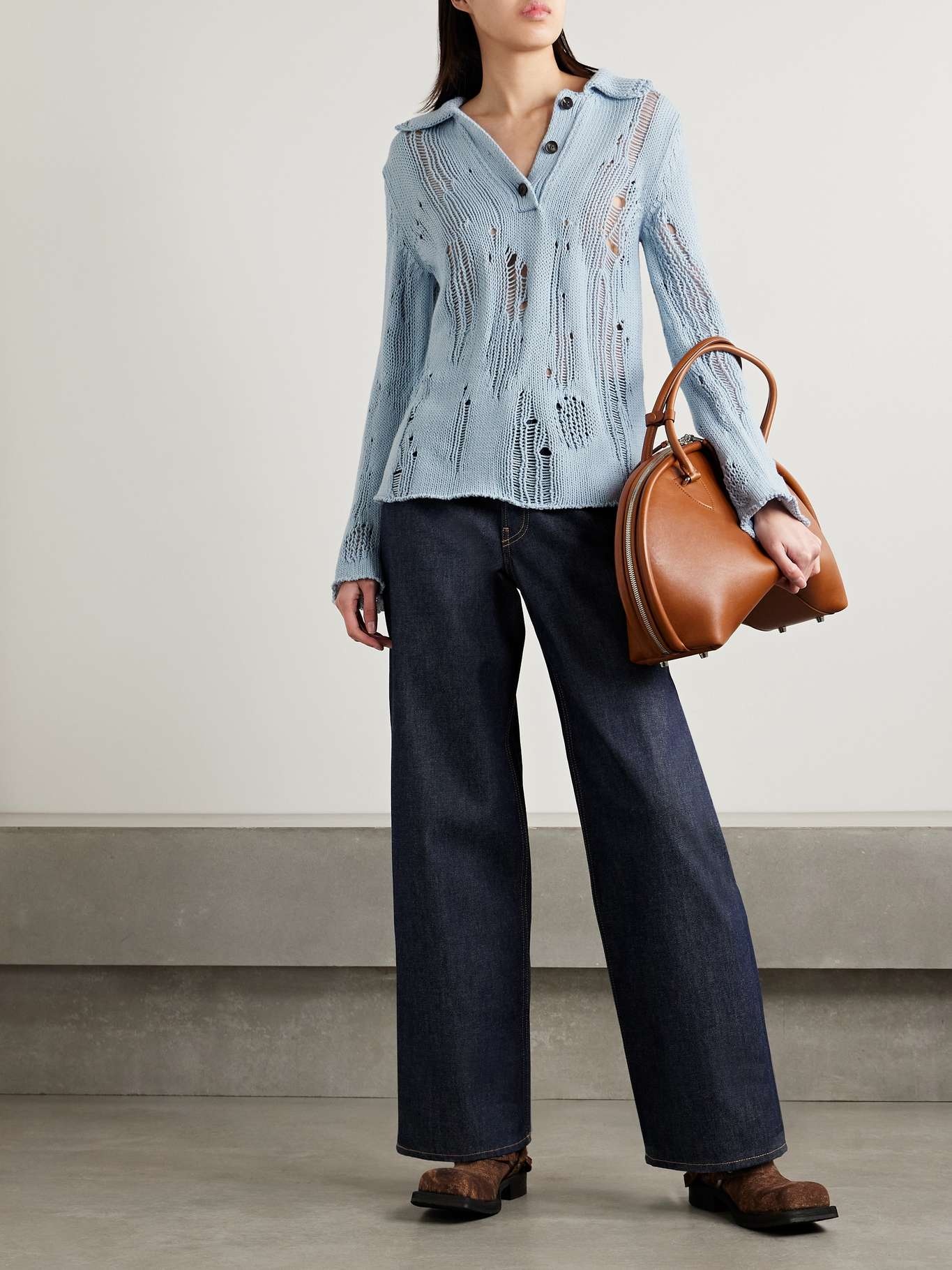 Distressed organic cotton and wool-blend sweater Blue - 2