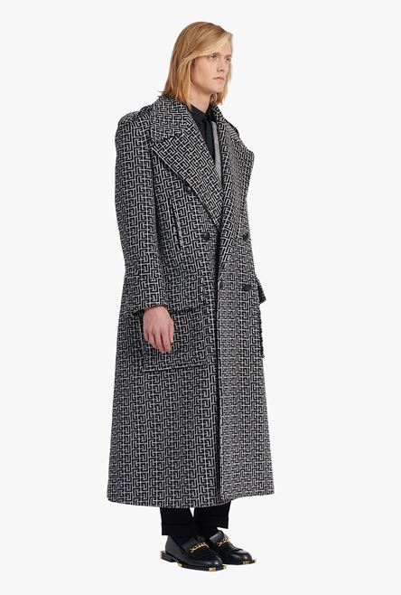 Long ivory and black Balmain monogram wool coat - 7