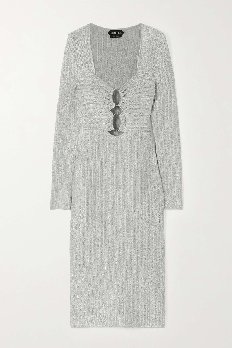 Embellished ribbed metallic cotton-blend midi dress 1