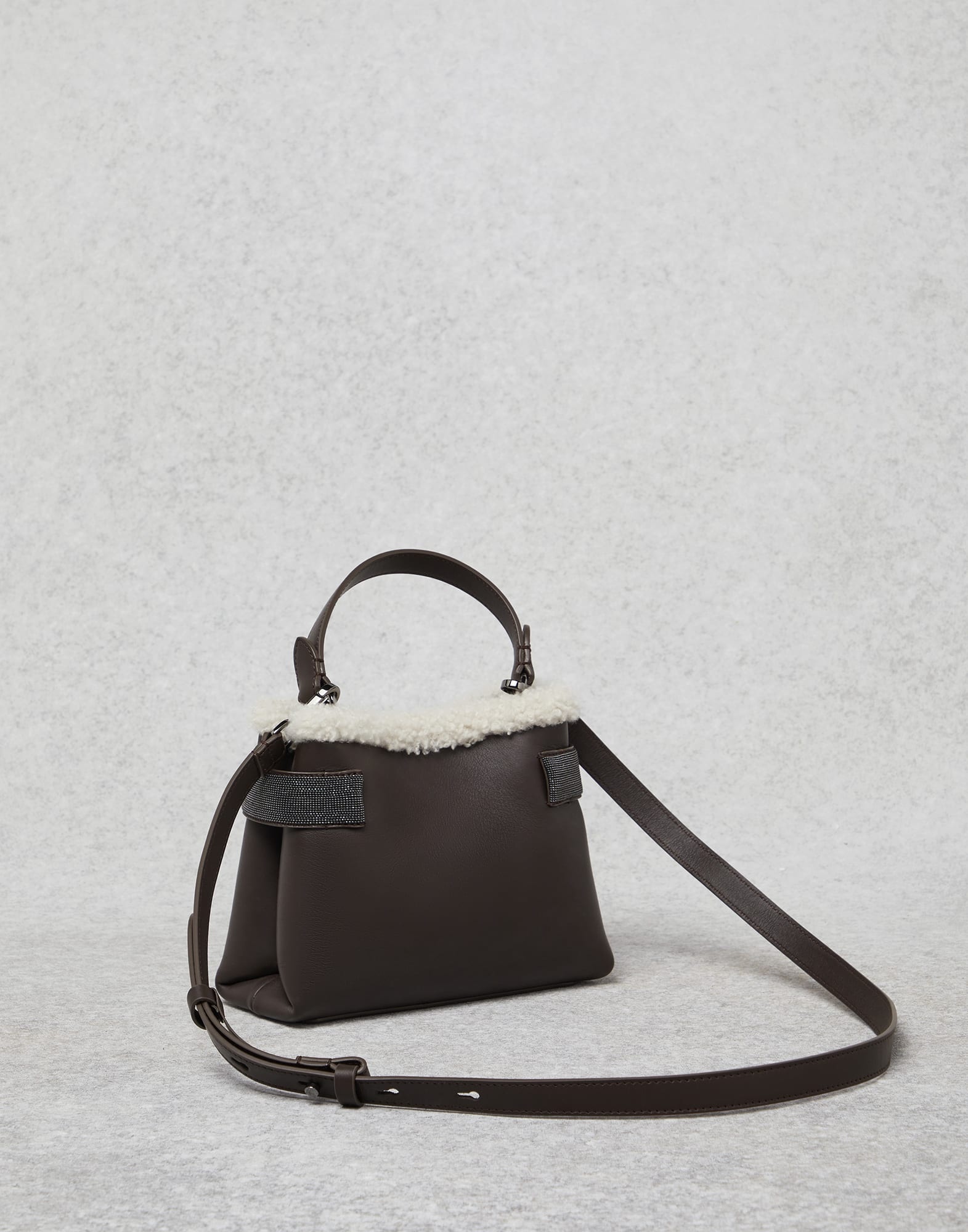 Matte calfskin bag with shearling trim and precious bands - 2