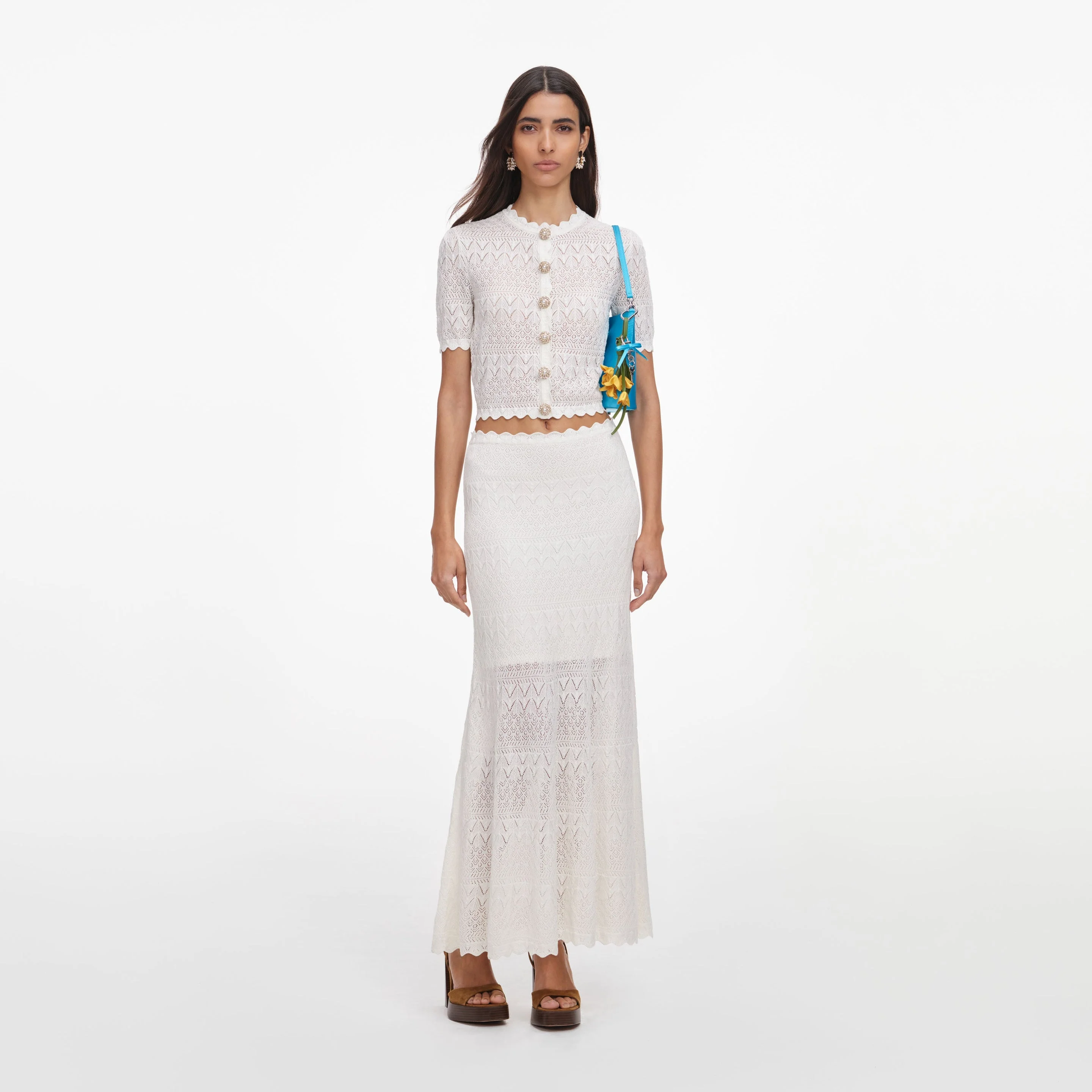 White Pointelle Knit Midi Skirt - 1