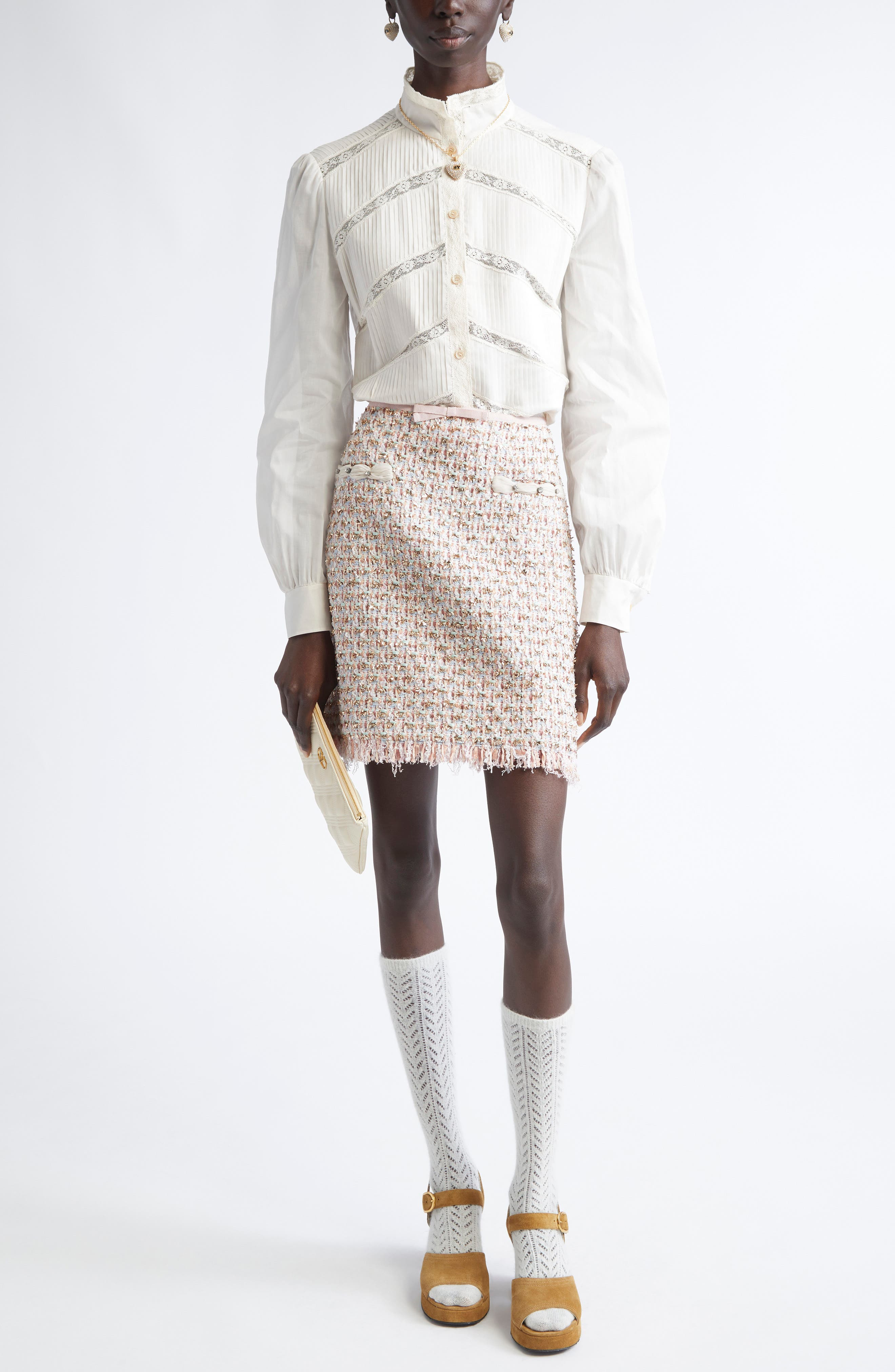 Valentino Garavani Lace Inset Silk Organza Shirt in Sand at Nordstrom - 2