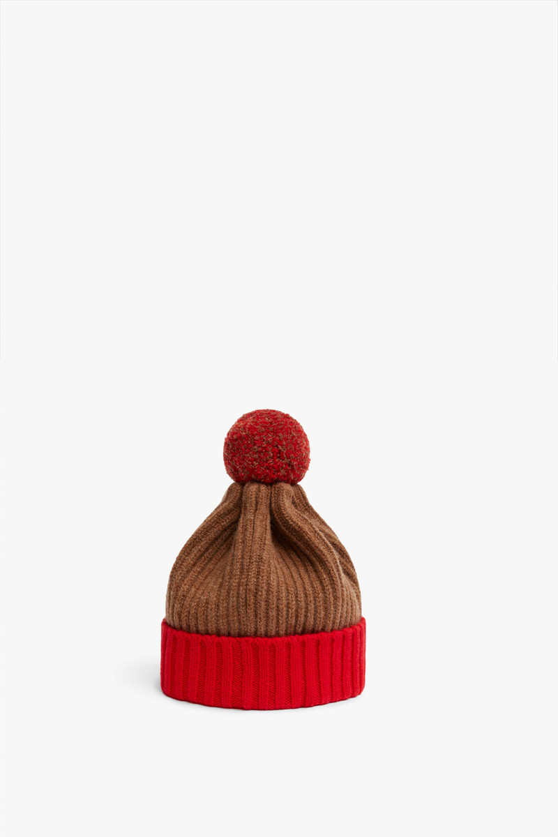 Pom Pom Hat in Camel & Bright Red 1