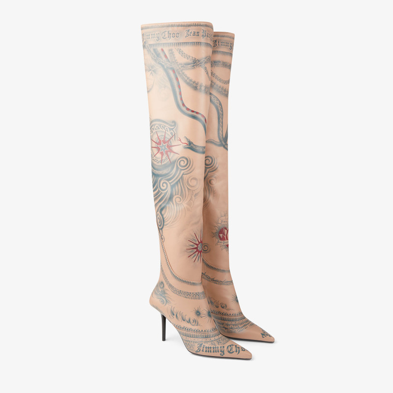 Jimmy Choo / Jean Paul Gaultier Over The Knee Boot 90 Beige Tattoo Printed Leather Over-The-Knee Boo 3