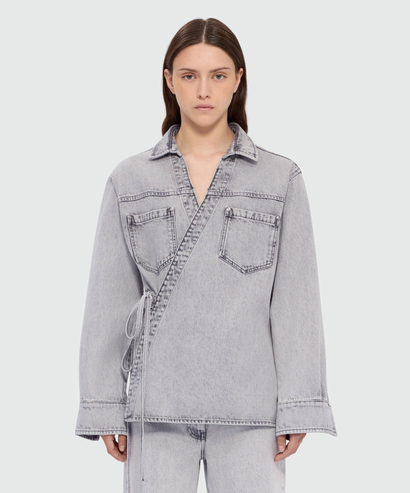 MSGM Grey stone-washed denim shirt with wrap closure and denim ties outlook