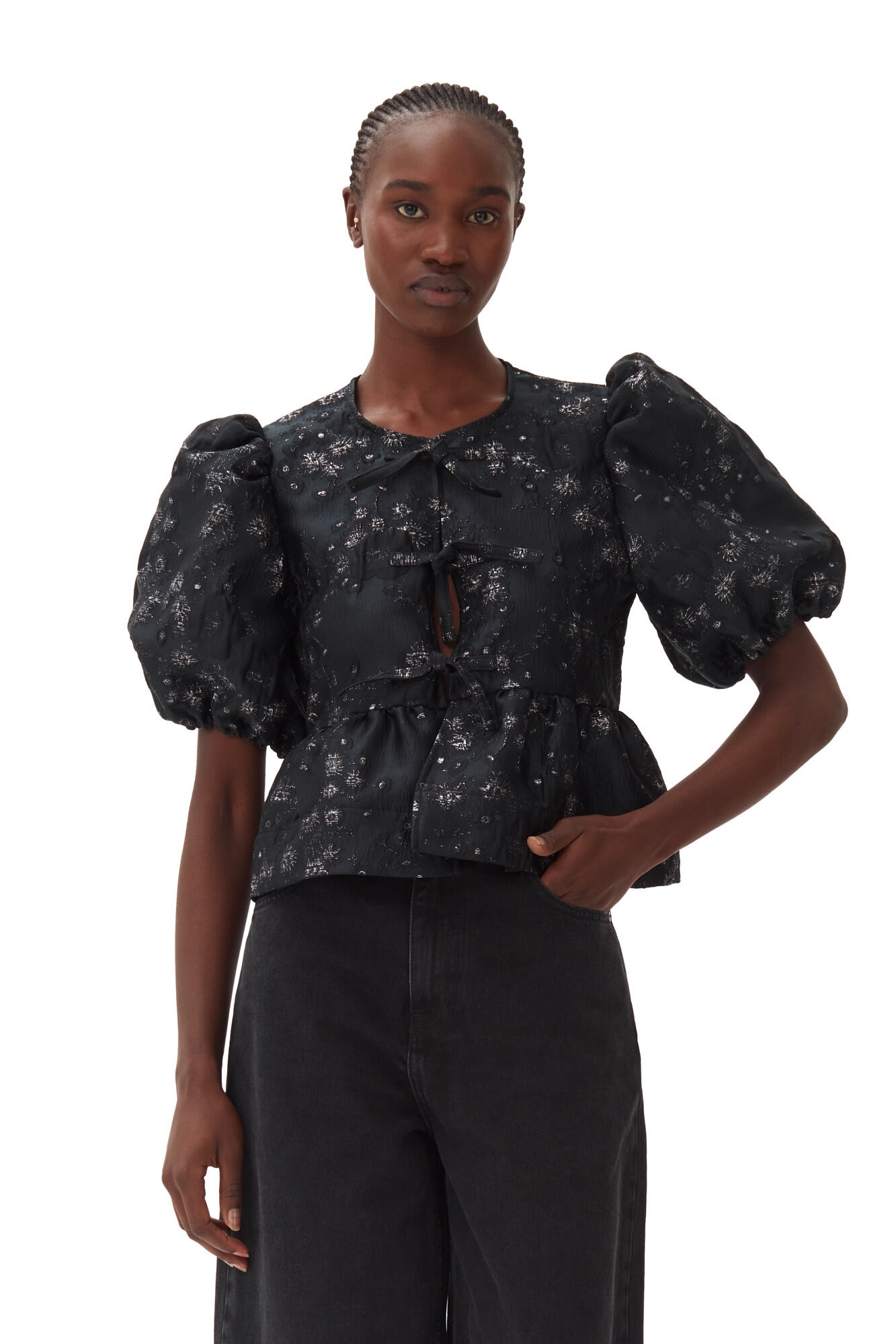 BLACK/SILVER 3D JACQUARD PEPLUM BLOUSE - 2