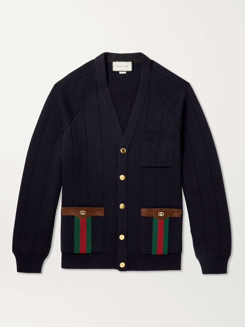 Horsebit Suede and Webbing-Trimmed Wool-Blend Cardigan - 1