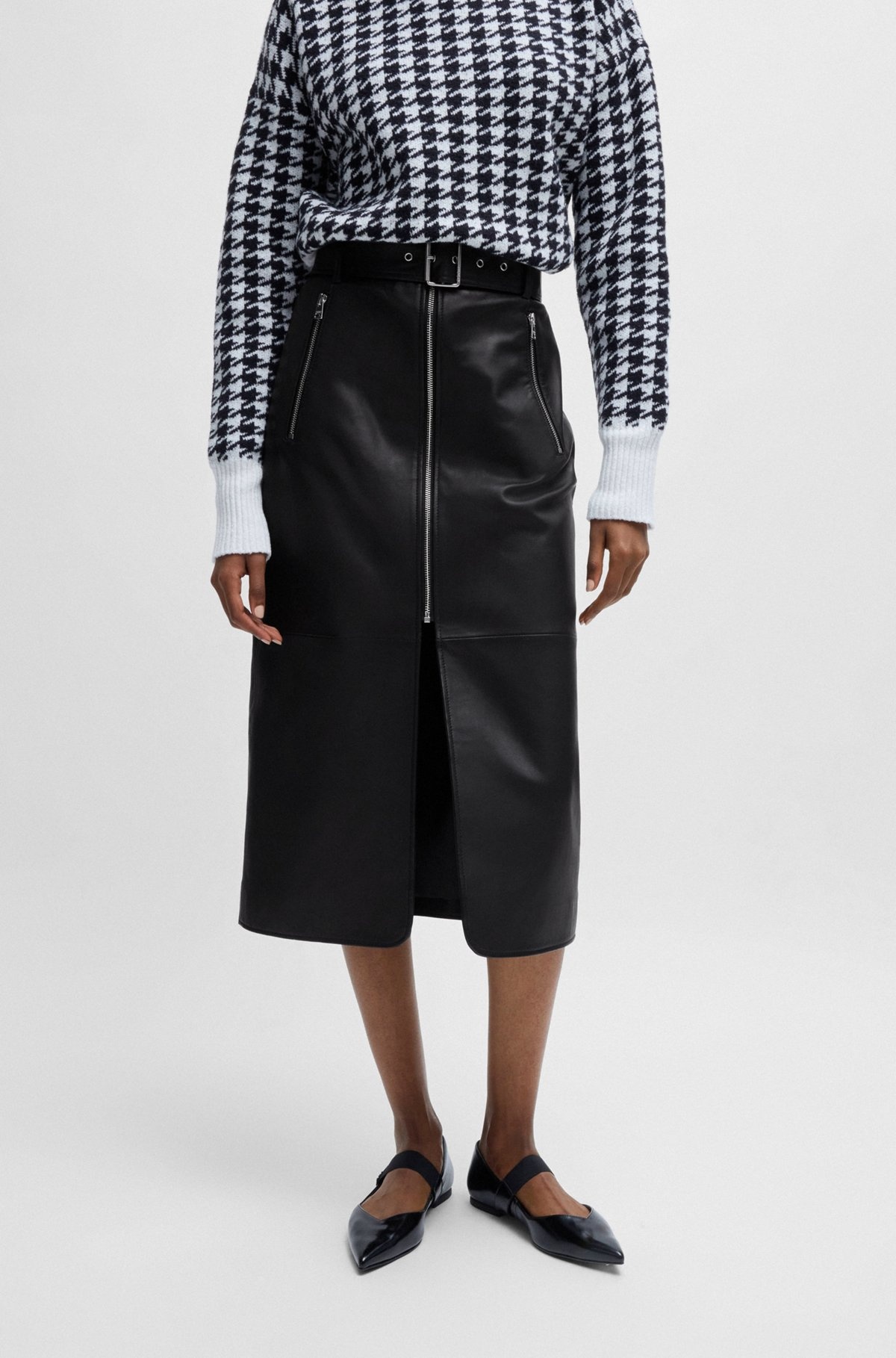 LEATHER MIDI SKIRT WITH ZIPS AND BELT - 2
