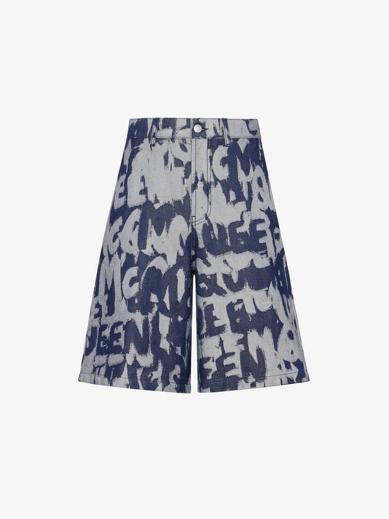 Alexander McQueen Men's McQueen Graffiti Denim Shorts in Indigo outlook