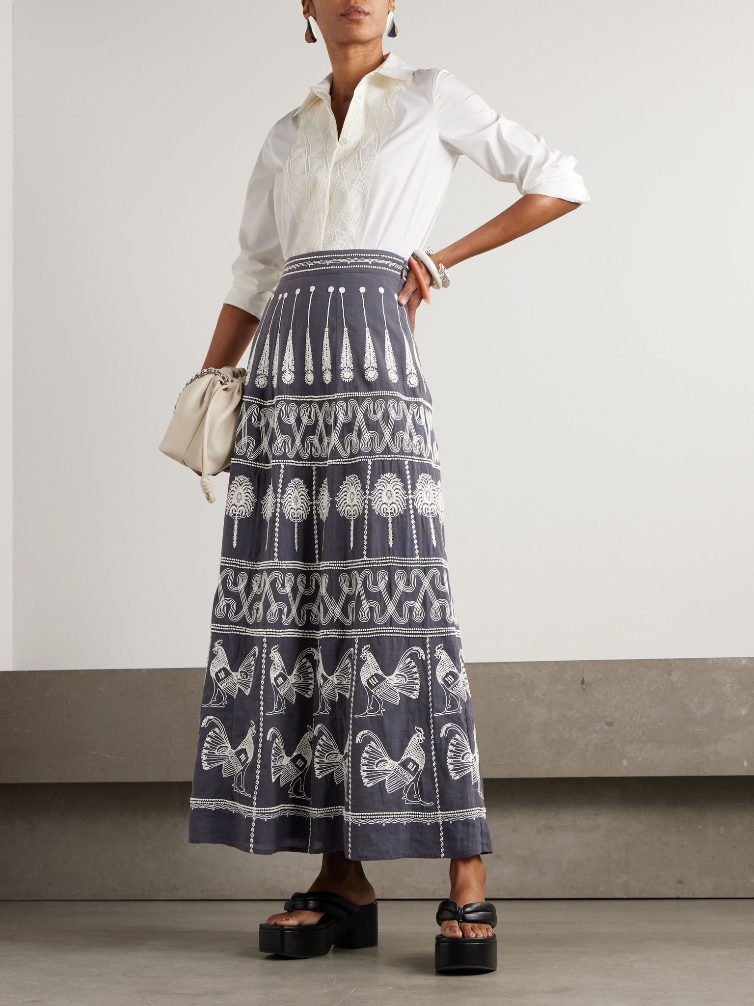 Camille embellished embroidered cotton-blend maxi skirt Blue - 2