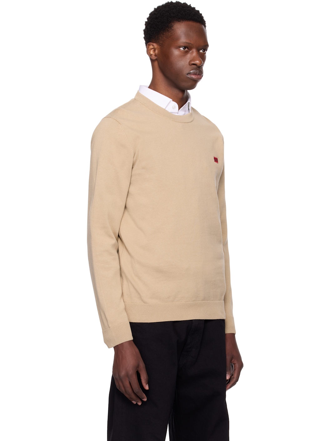 Beige Knitted Cotton Red Logo Label Sweater - 2
