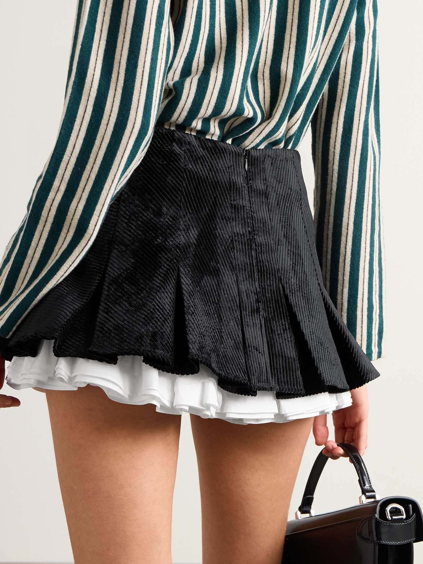 Layered pleated cotton poplin-trimmed corduroy mini skirt - 3