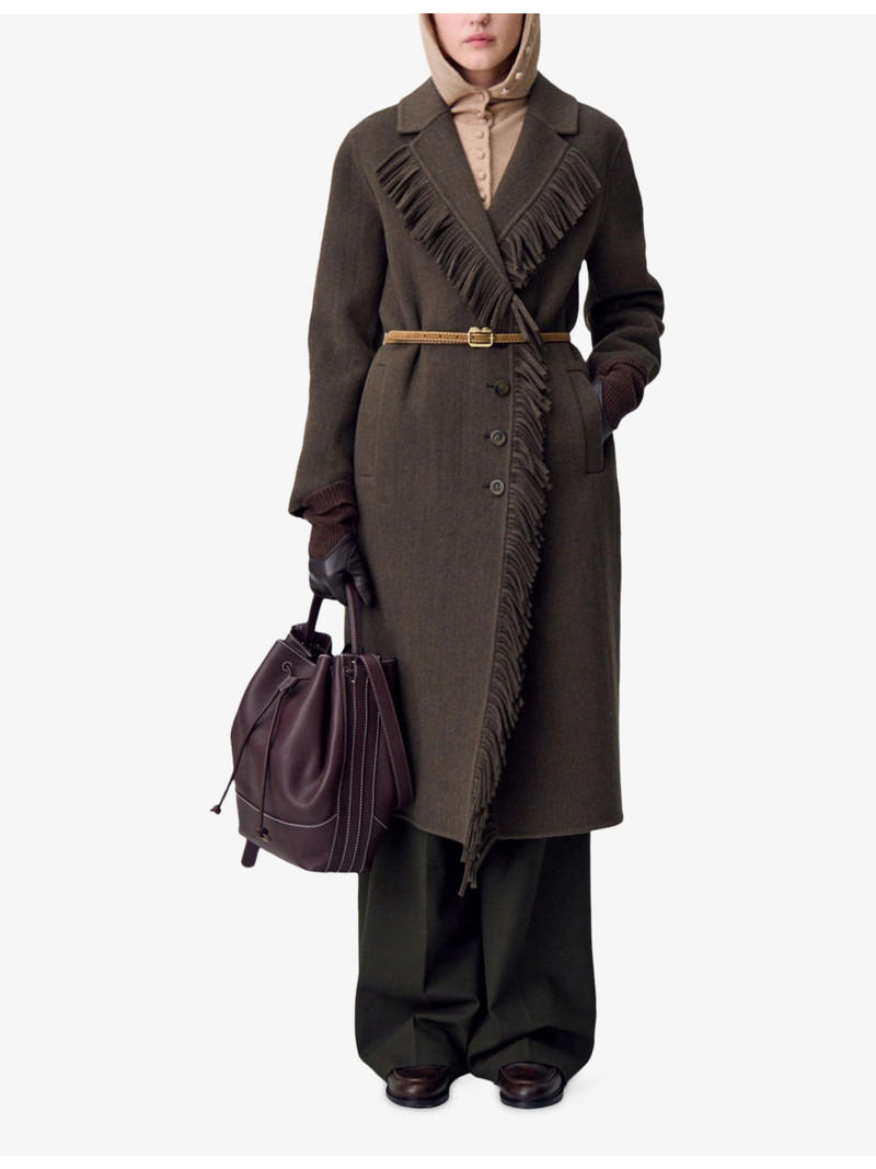 Claudie Pierlot Fringed Belted-Waist Long Wool-Blend Coat outlook