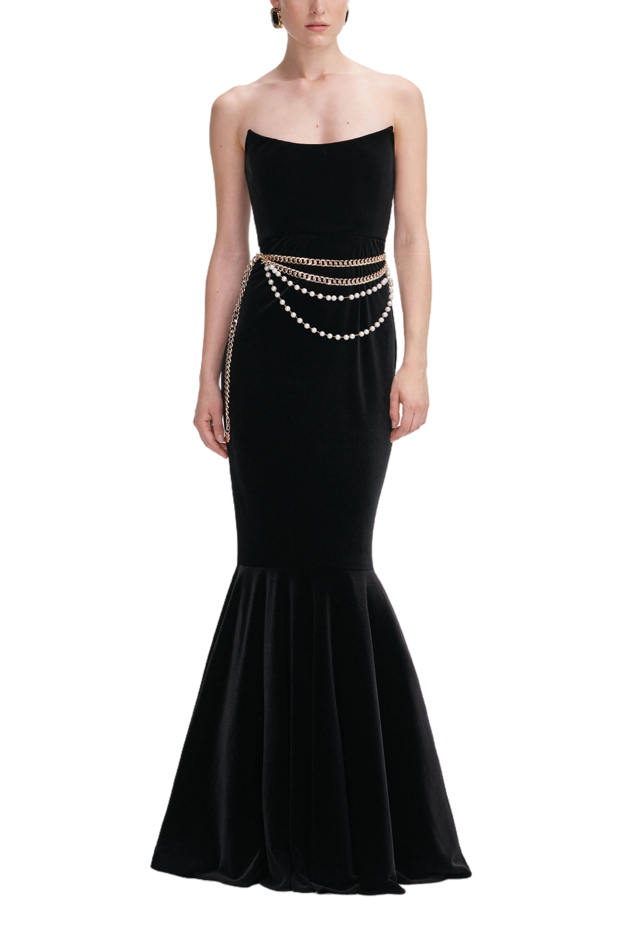 BLACK VELVET CHAIN BELT MAXI DRESS - 1