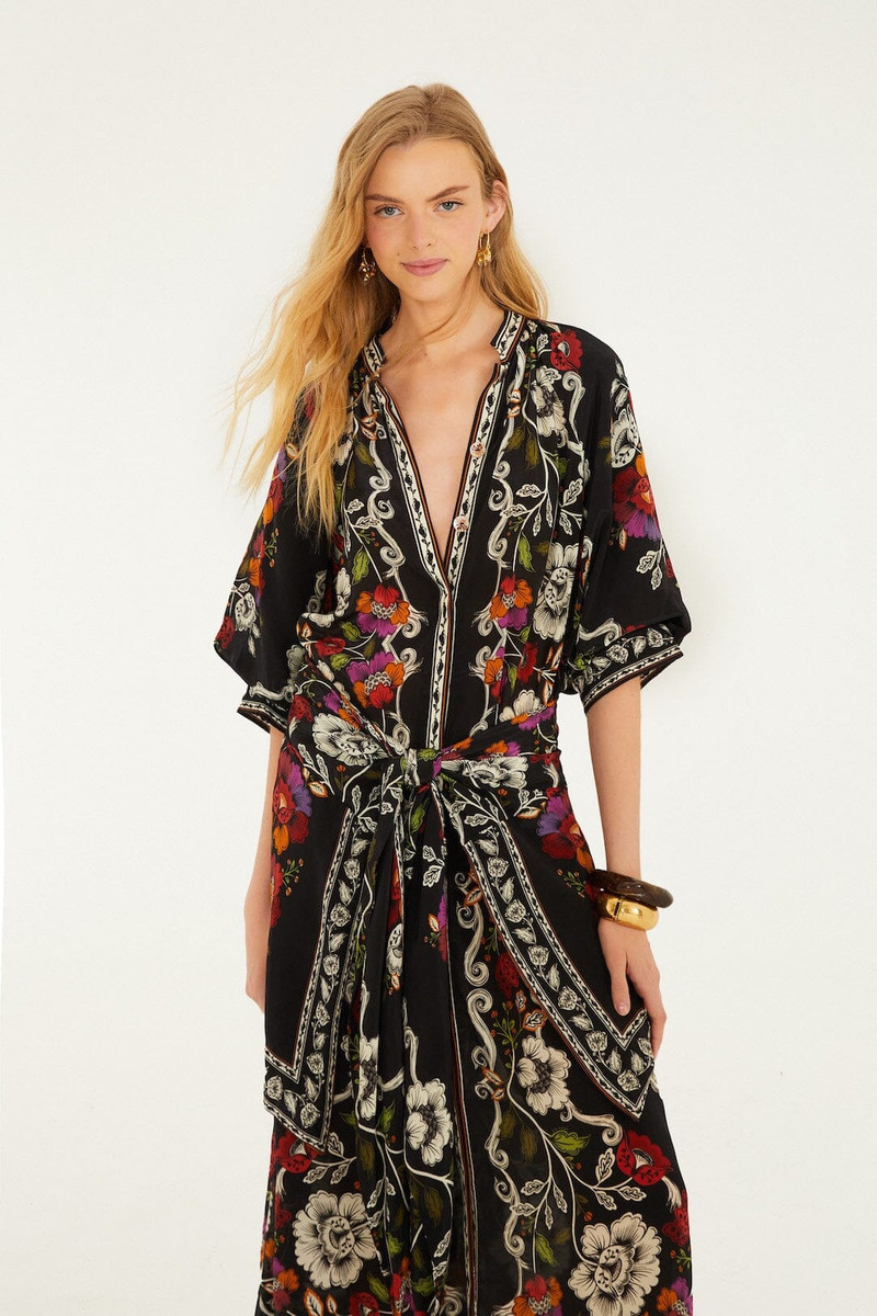 Black Rococo Flowers Belted Midi Dress 4