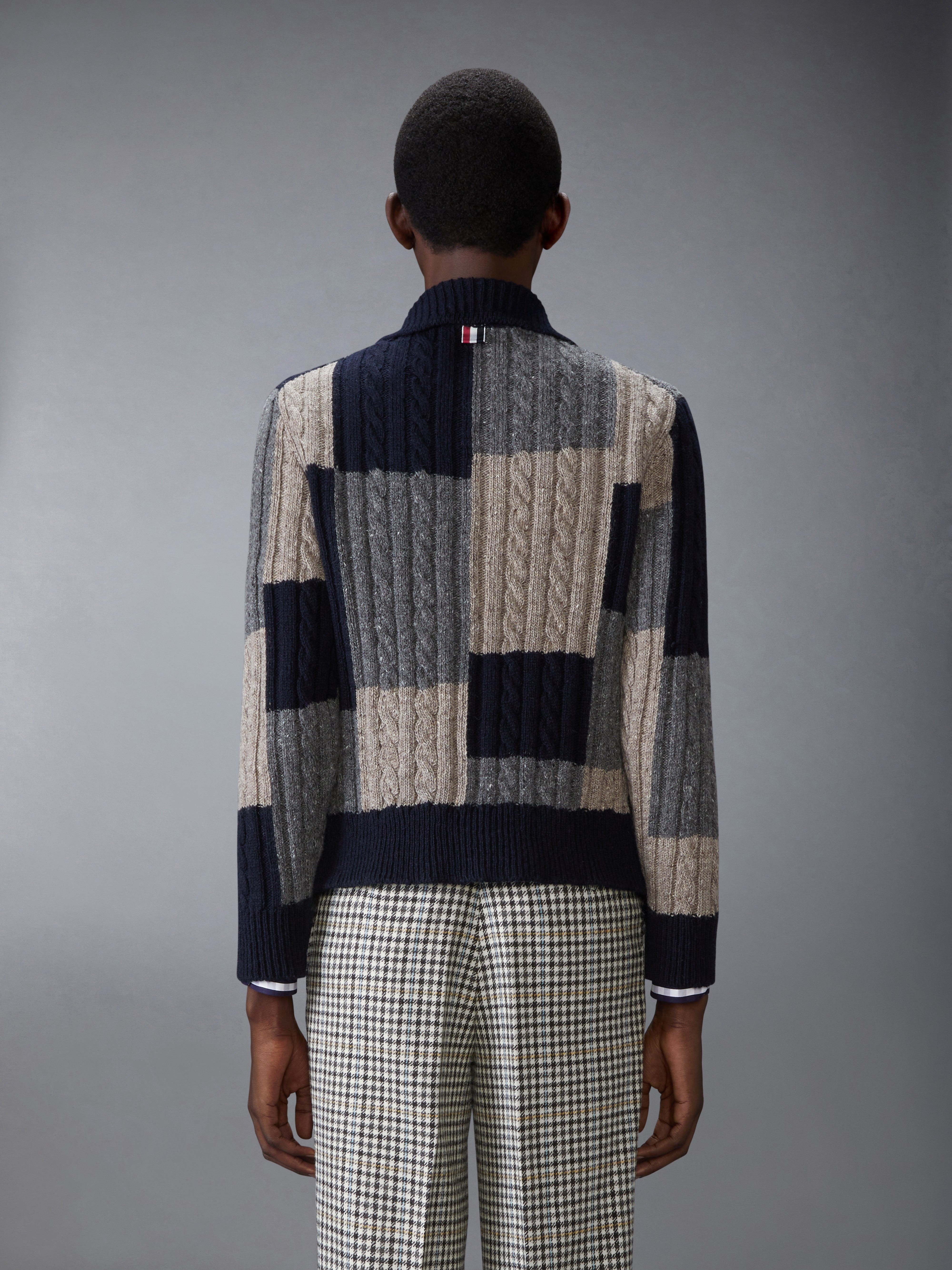 DONEGAL PATCHWORK INTARSIA MOCK NECK CARDIGAN - 3