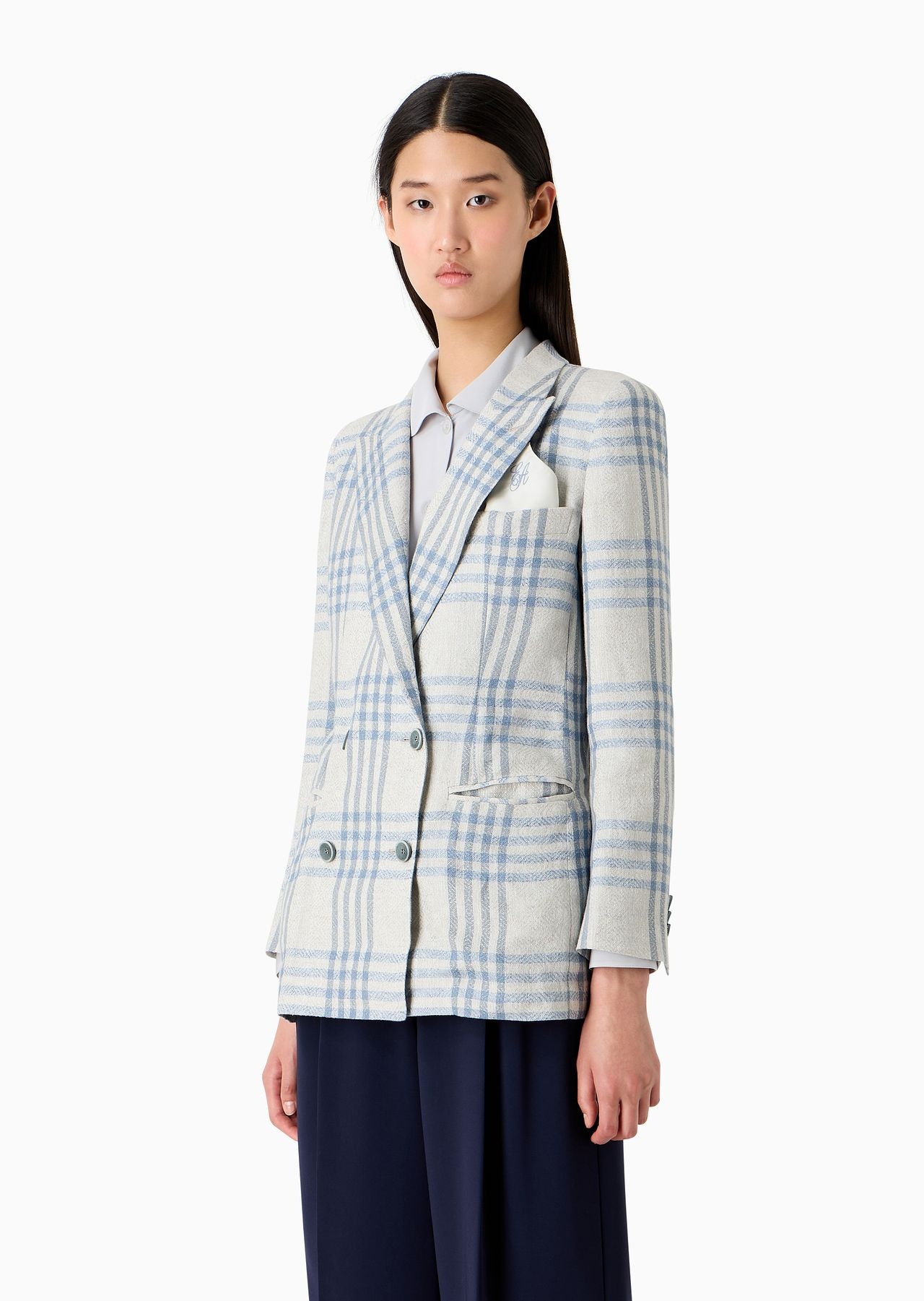 Icon double-breasted linen blazer with a jacquard check motif - 2