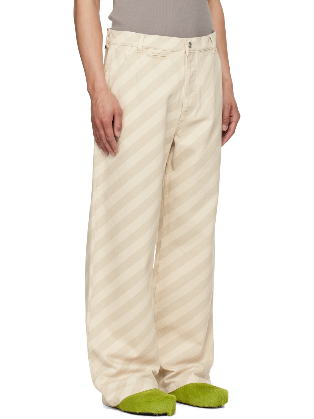 Beige Striped High Waist Jeans - 2