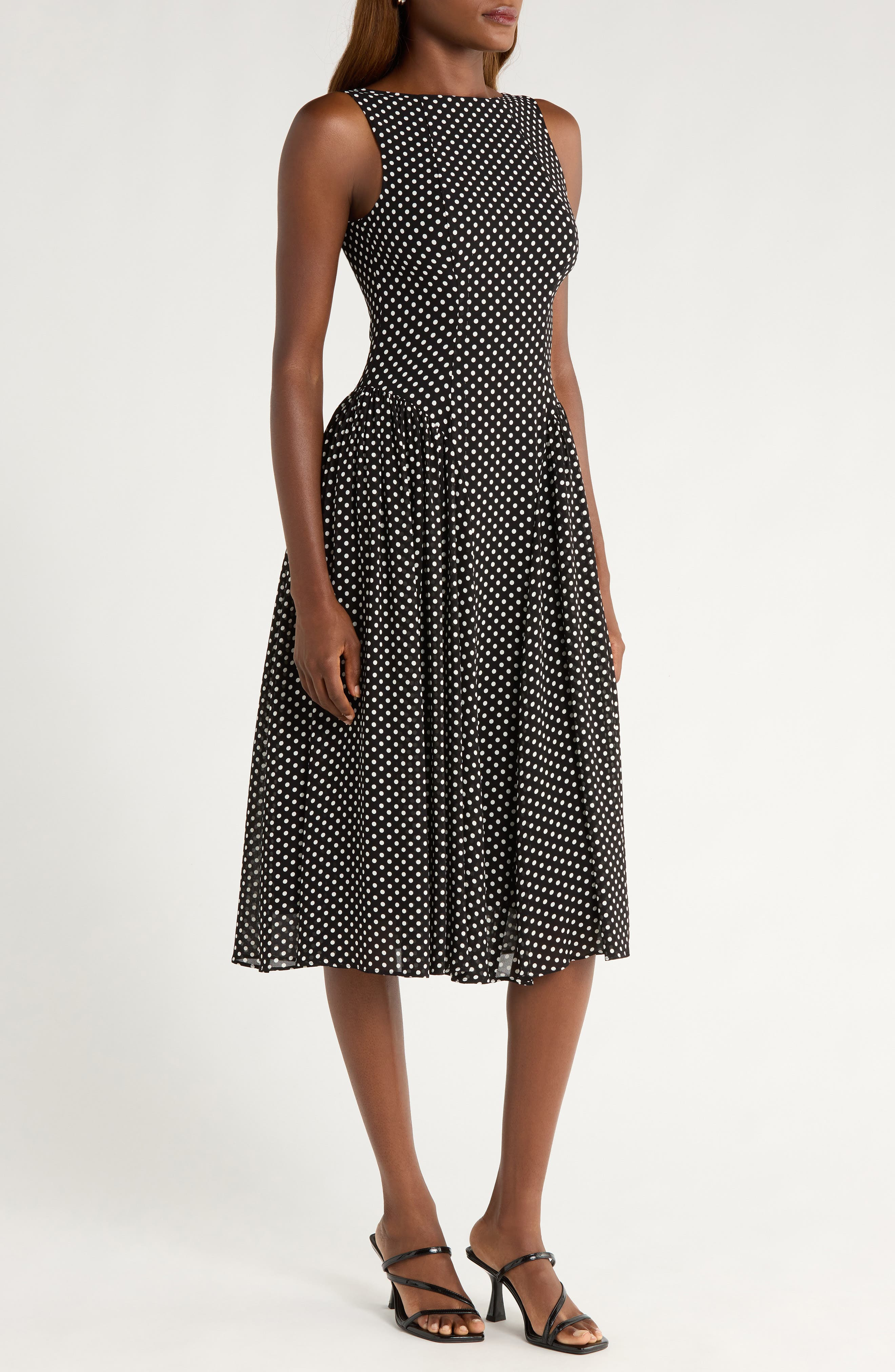 Reformation Anelis Polka Dot Sleeveless Fit & Flare Dress in Caviar Dot at Nordstrom - 3