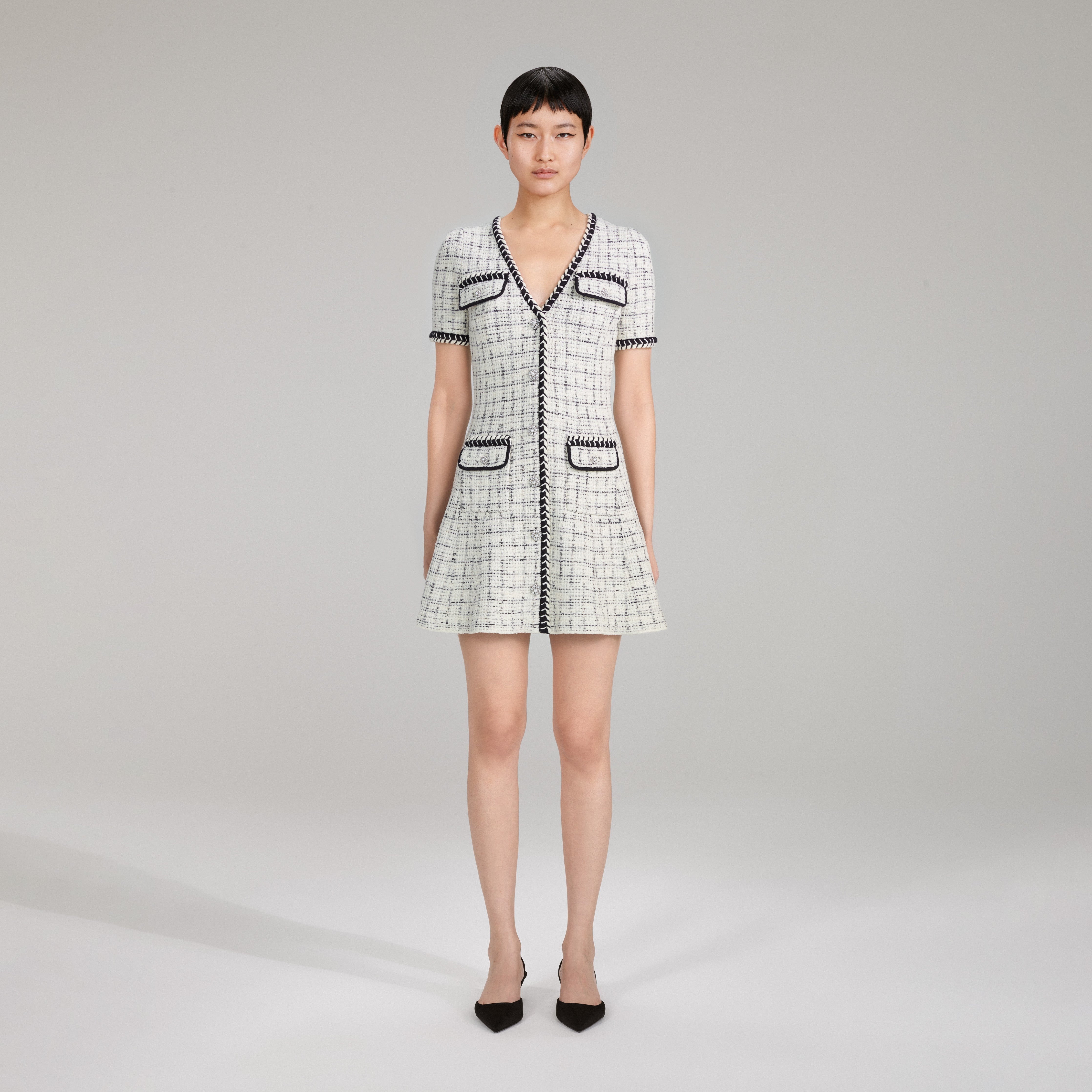 Check Yarn Flared Knit Mini Dress - 1