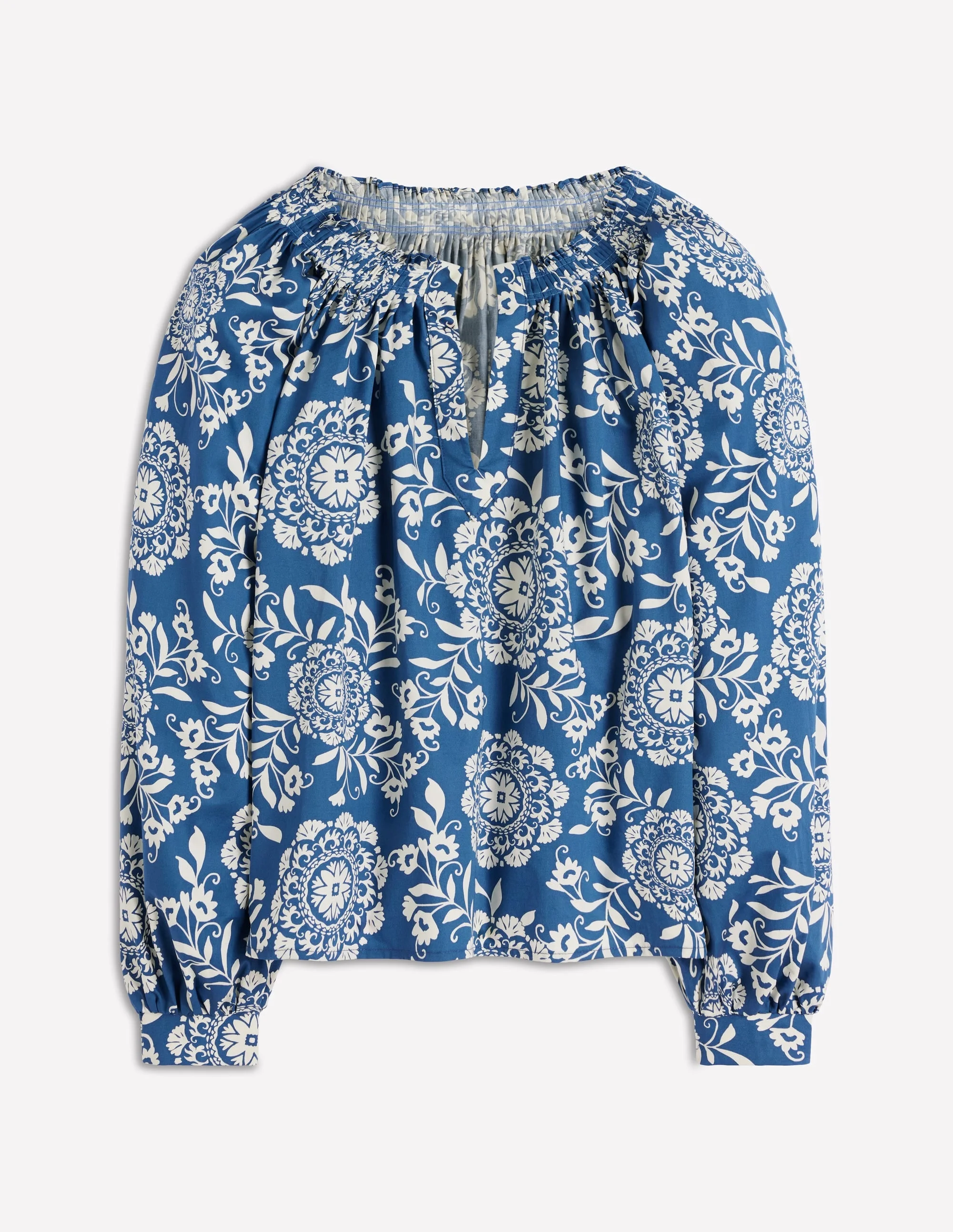 Serena Pleat Neck Top-Blue, Decorative Blossom - 1