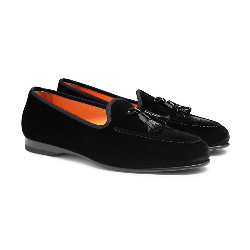Santoni Men’s black velvet Andrea tassel loafer outlook