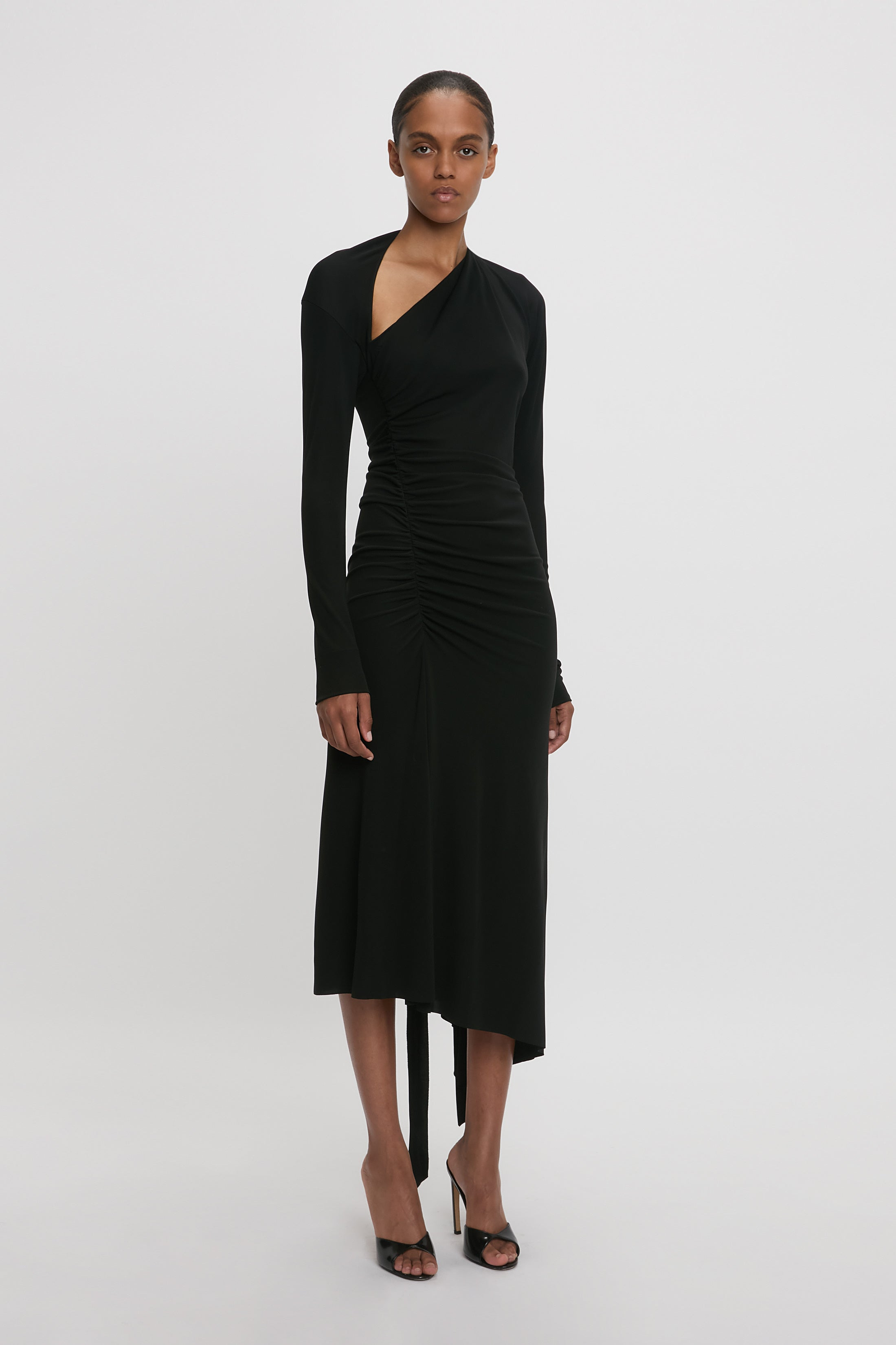 Slash-Neck Ruched Midi Dress In Black - 3