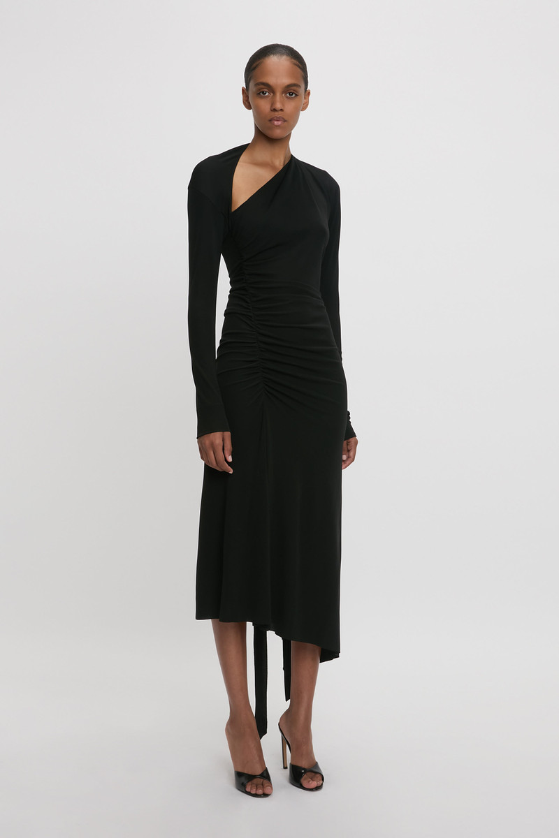 Slash-Neck Ruched Midi Dress In Black 3