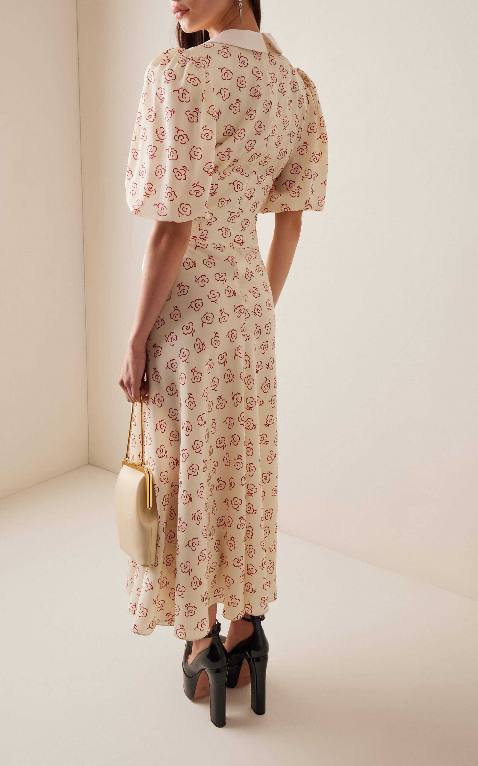 Puff-Sleeve Floral Silk Midi Dress print - 6