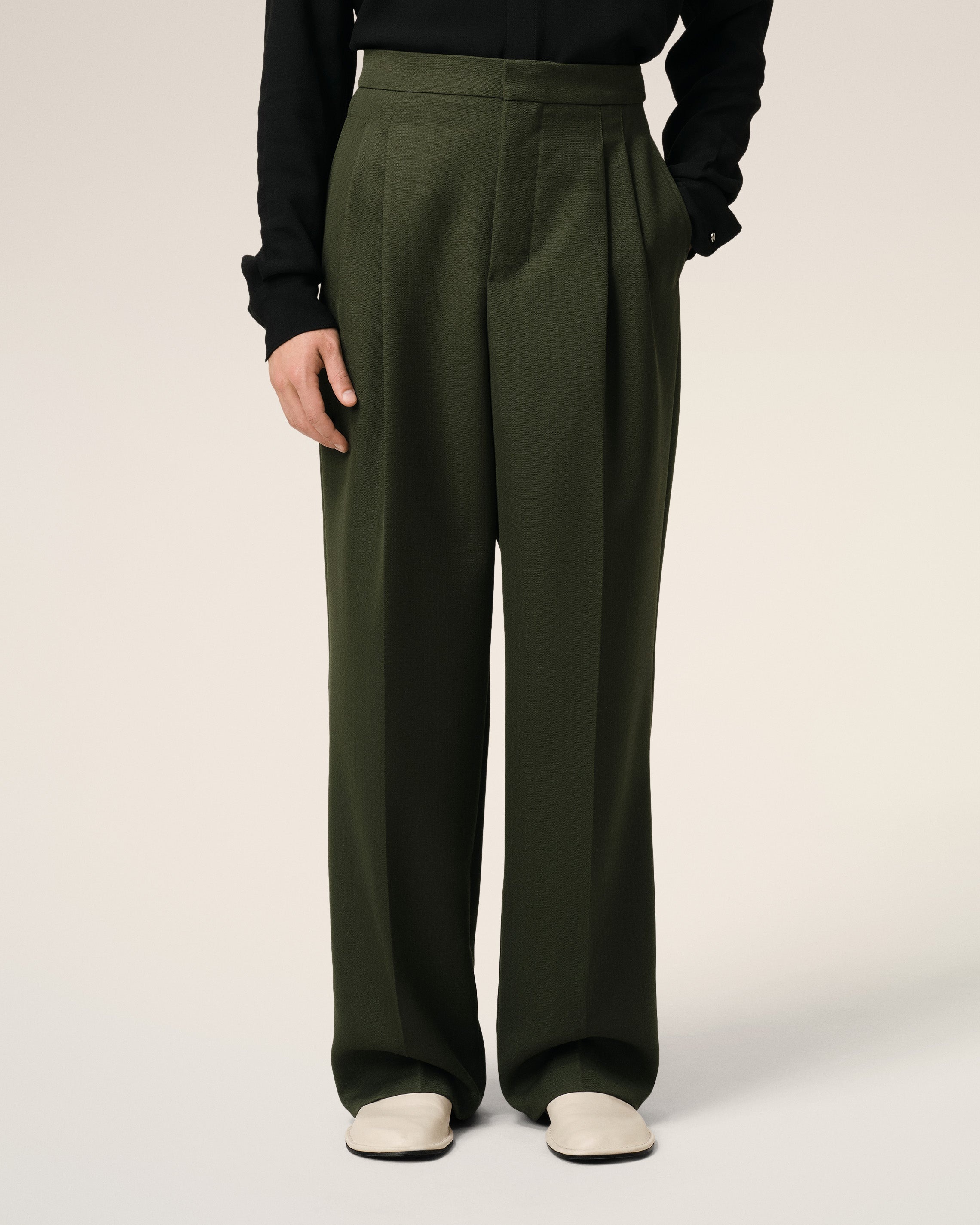 GREEN WOOL LARGE FIT TROUSERS - 3