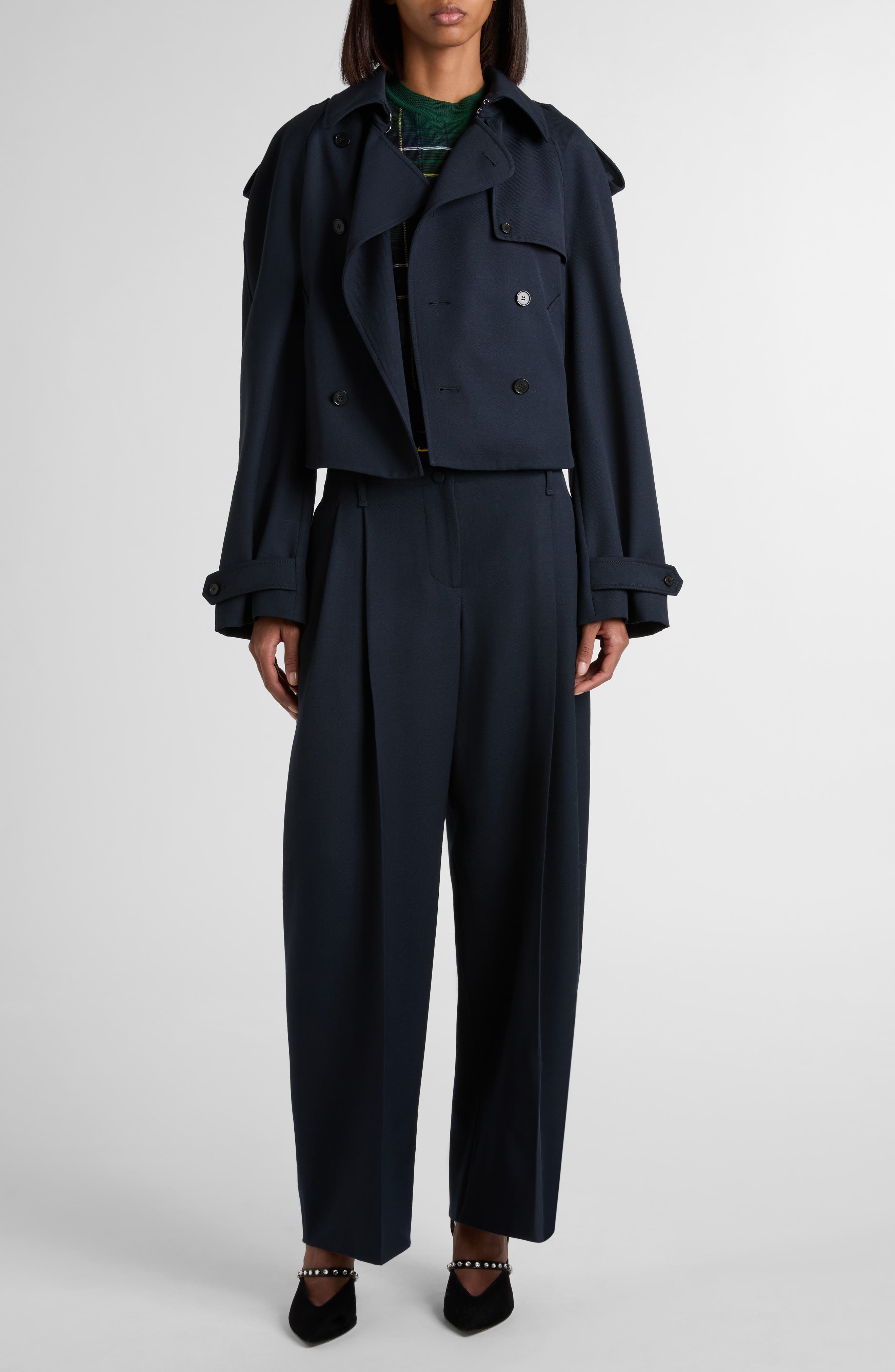 McQueen Double Breasted Wool & Cotton Crop Trench Coat in Navy at Nordstrom - 2