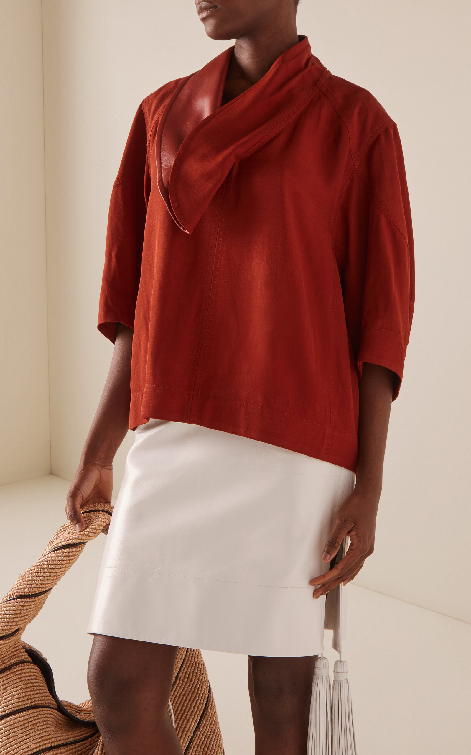 Leather-Trimmed Linen-Blend Cocoon Shirt red - 3