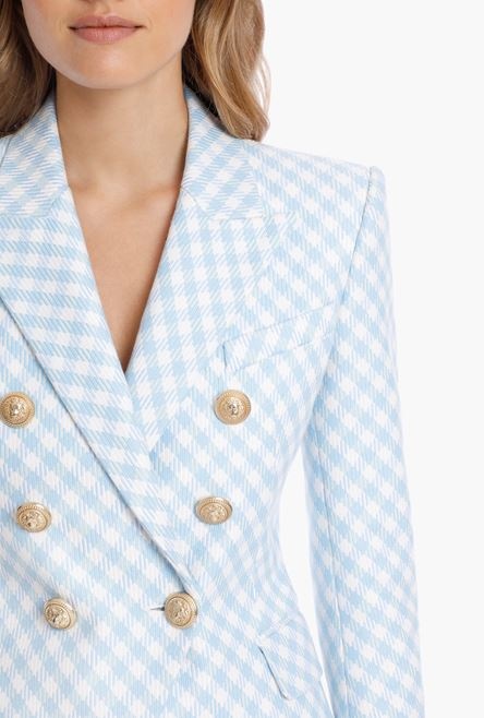 Blue and white gingham-print cotton blazer - 6