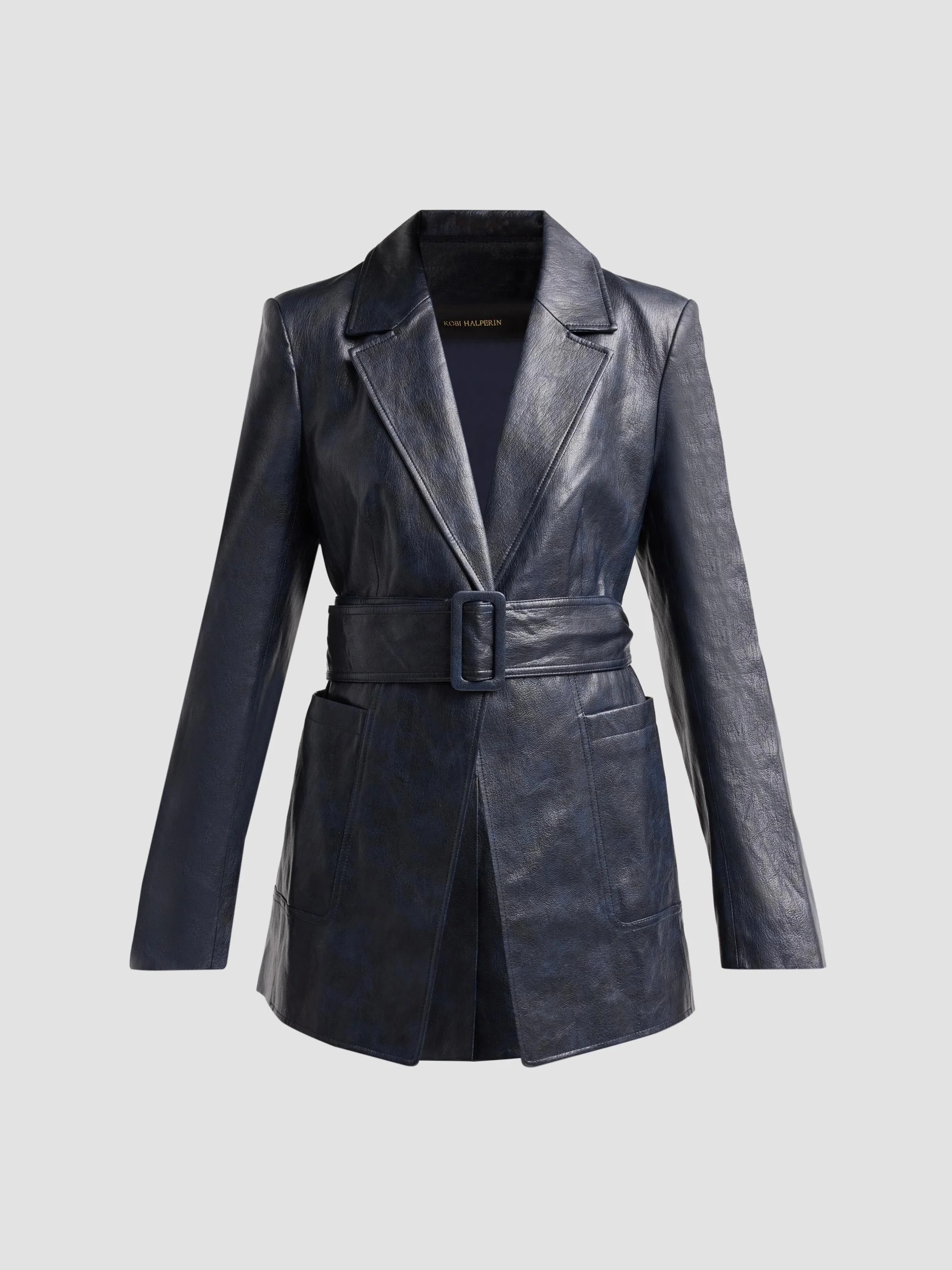 Women's Colleen Faux-Leather Belted Blazer - Navy - 1