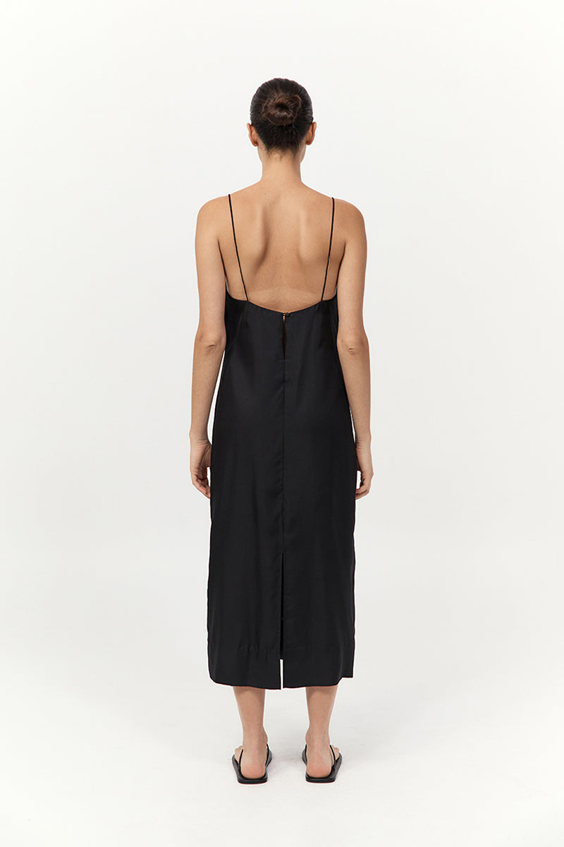 Silk Twill Slip Dress - Black - 7