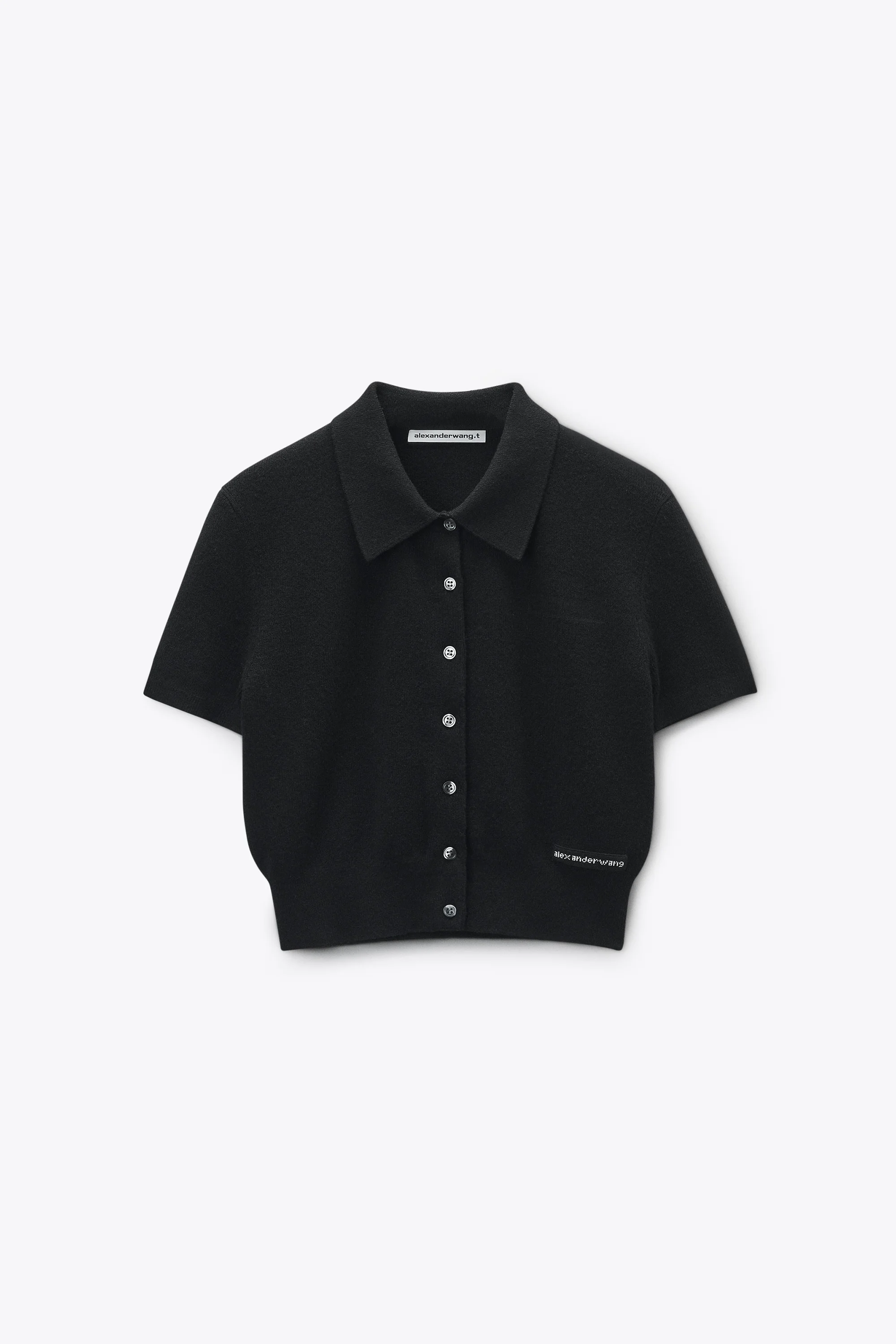 Black Wool Short Sleeve Polo Cardigan - 1