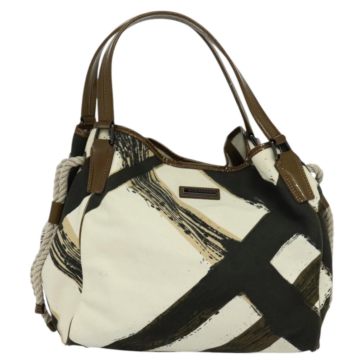 Burberry Tote Bag Canvas Enamel White Black Khaki - 2