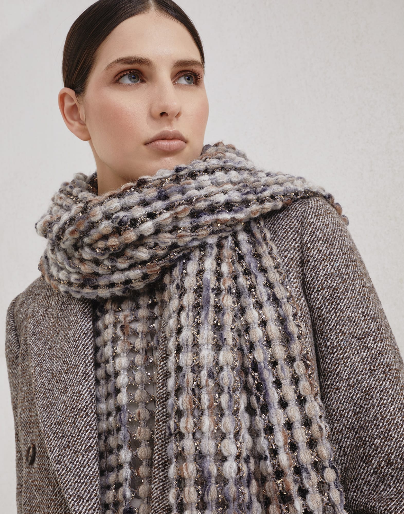 Virgin wool, cashmere and mohair balloon net embroidery knit scarf - 4