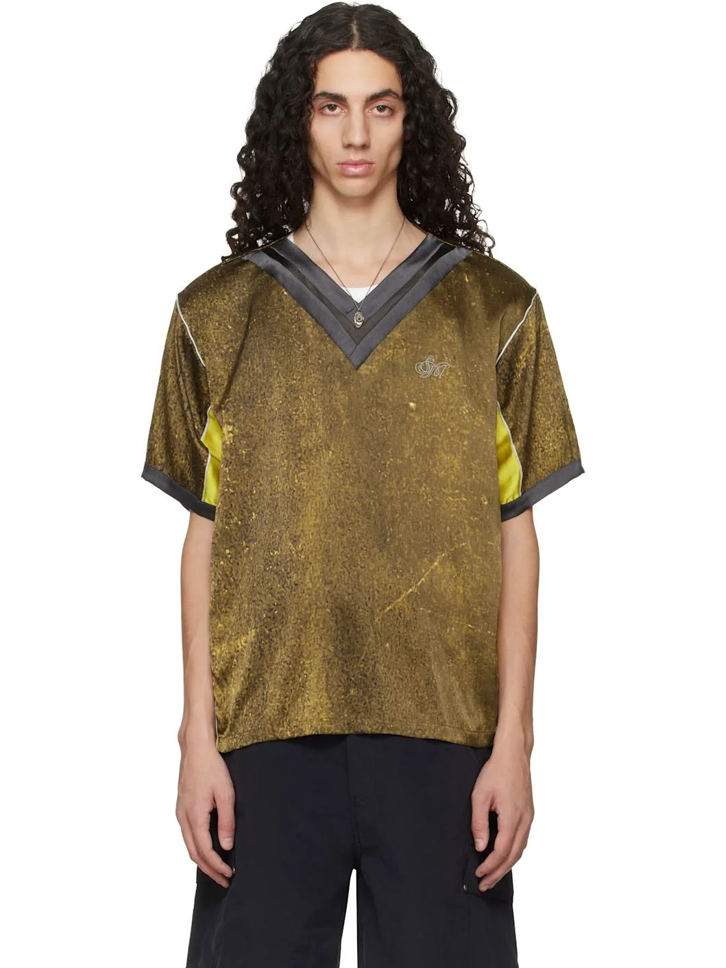 Khaki Satin Silk Double V-Neck Short Sleeve T-shirt - 1