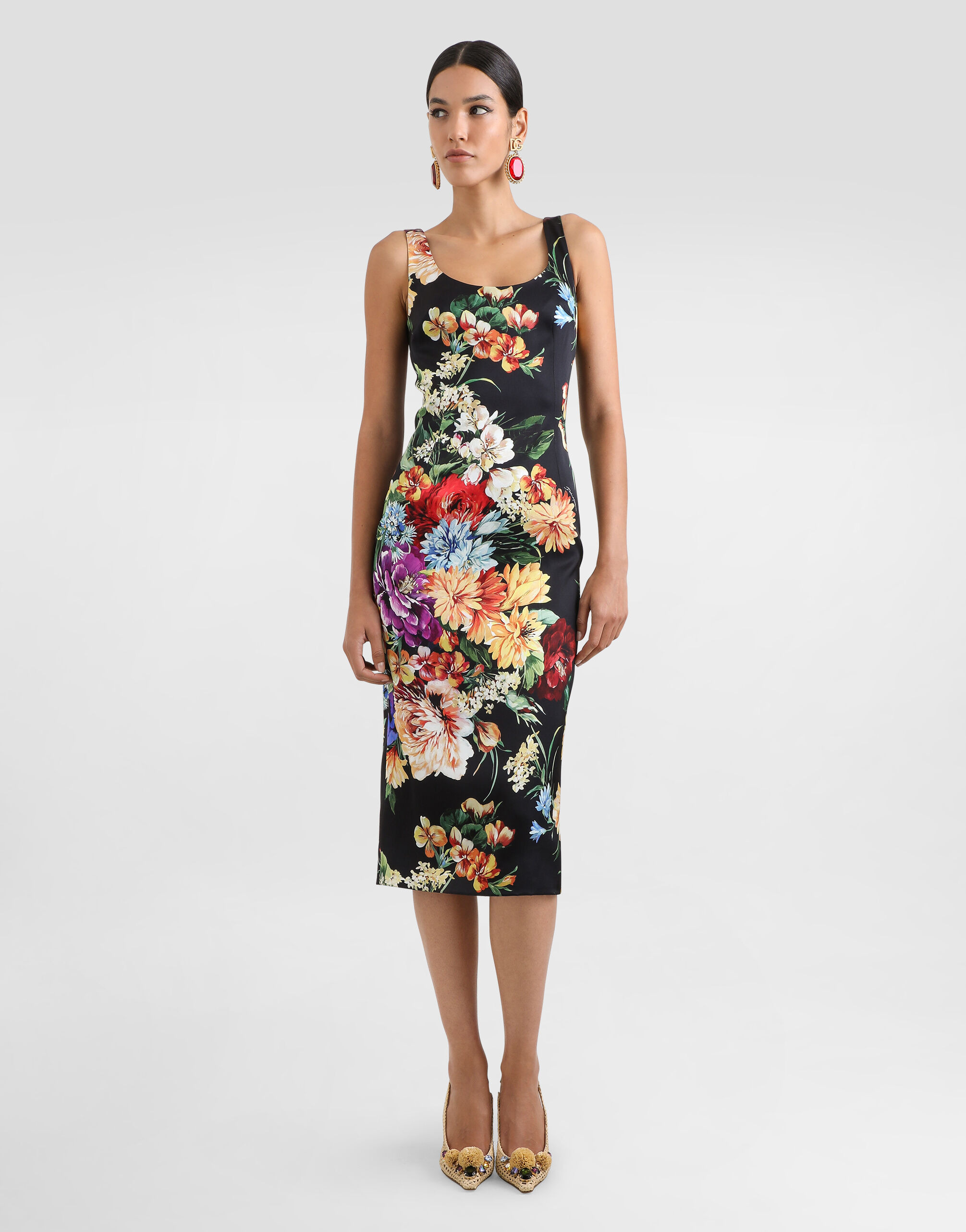 Flower-print fitted satin dress - 2